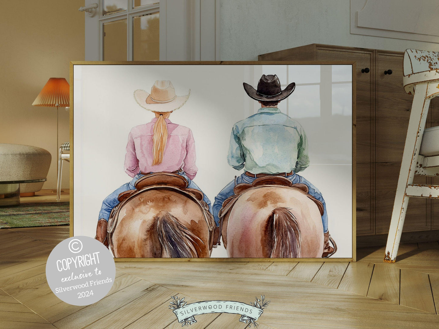 Couple Horse Portrait Print, Trendy Western Decor, Horse Riding Cowgirl College Dorm Room Wall Decor, Gift For Horse Lover Digital Print