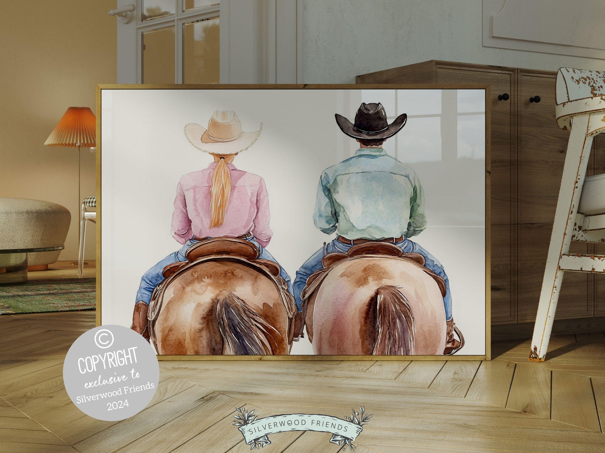 Couple Horse Portrait Print, Trendy Western Decor, Horse Riding Cowgirl College Dorm Room Wall Decor, Gift For Horse Lover Digital Print