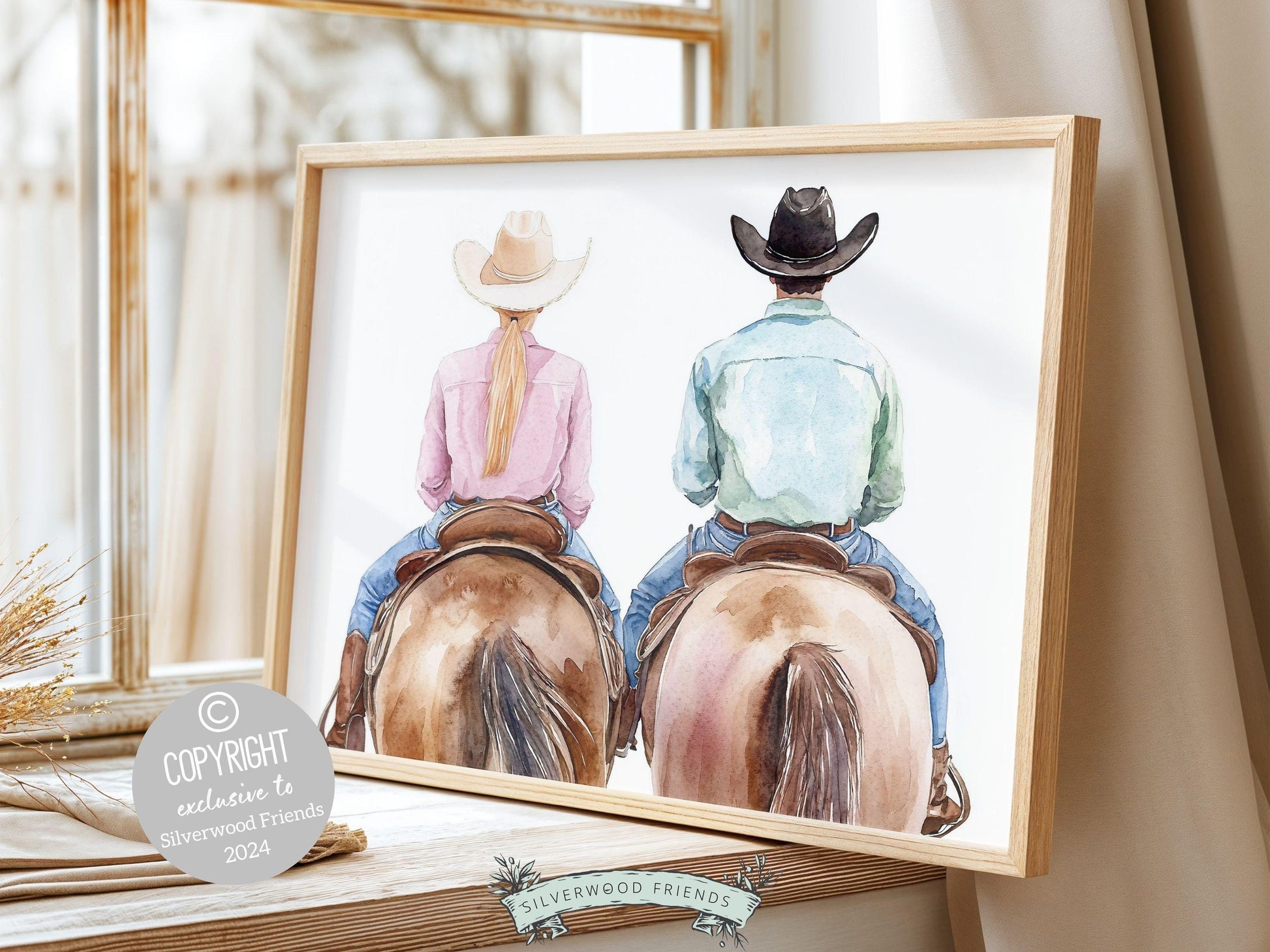 Couple Horse Portrait Print, Trendy Western Decor, Horse Riding Cowgirl College Dorm Room Wall Decor, Gift For Horse Lover Digital Print