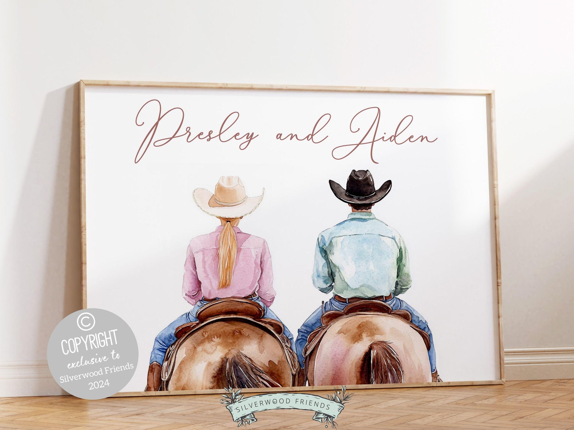 Couple Horse Portrait Print, Trendy Western Decor, Horse Riding Cowgirl College Dorm Room Wall Decor, Western Wedding Gift Digital Print