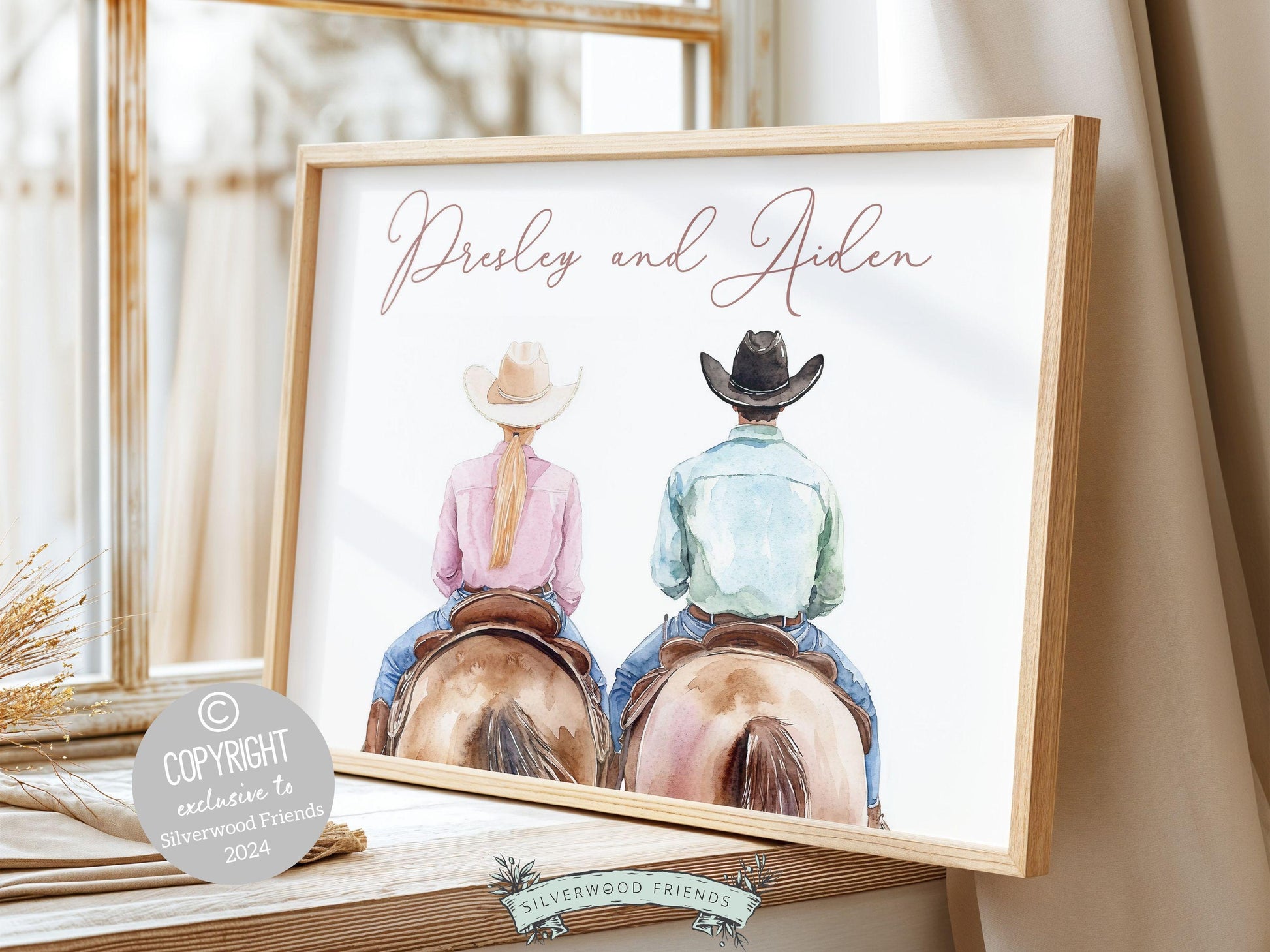 Couple Horse Portrait Print, Trendy Western Decor, Horse Riding Cowgirl College Dorm Room Wall Decor, Western Wedding Gift Digital Print