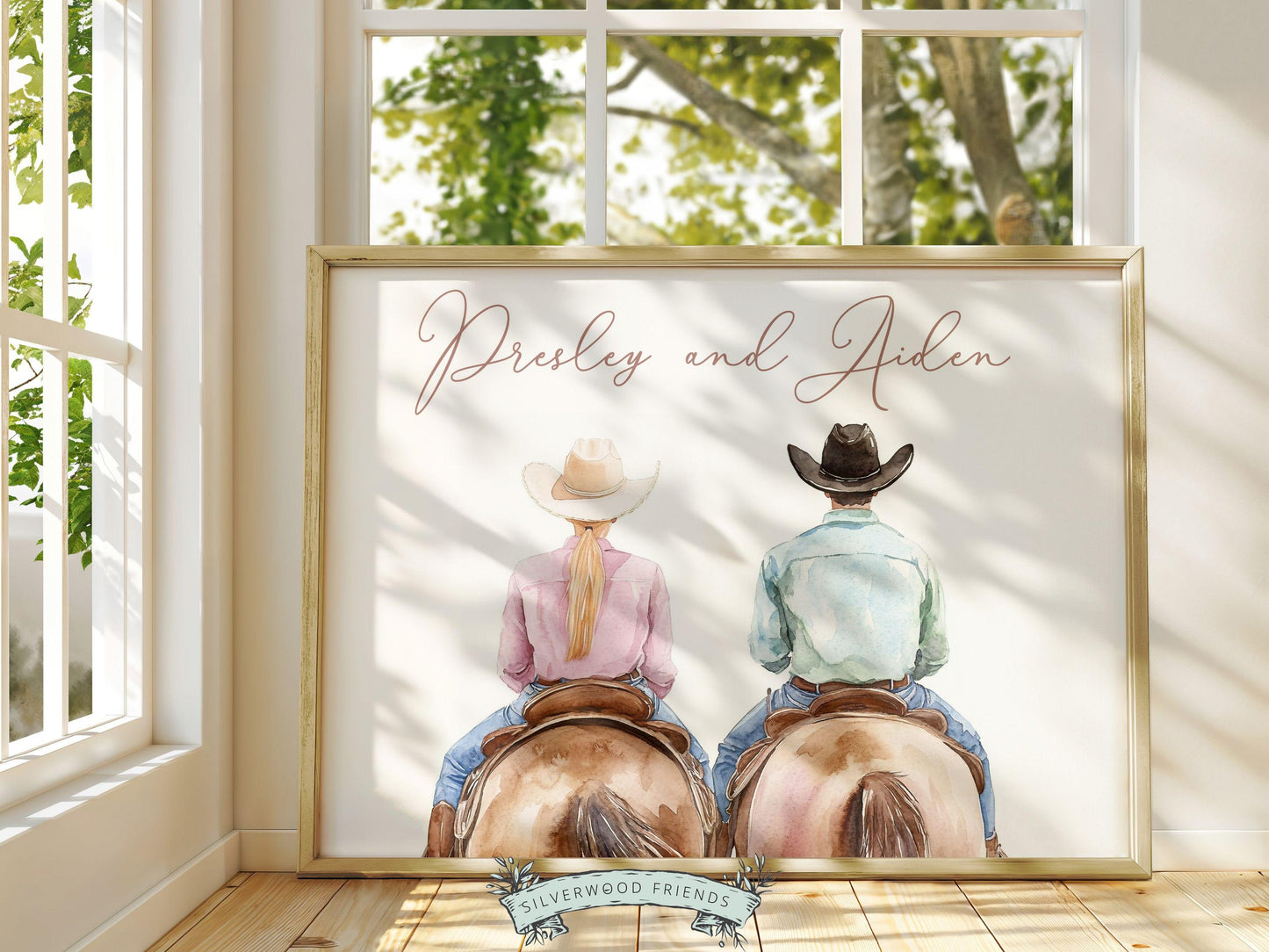 Couple Horse Portrait Print, Trendy Western Decor, Horse Riding Cowgirl College Dorm Room Wall Decor, Western Wedding Gift Digital Print