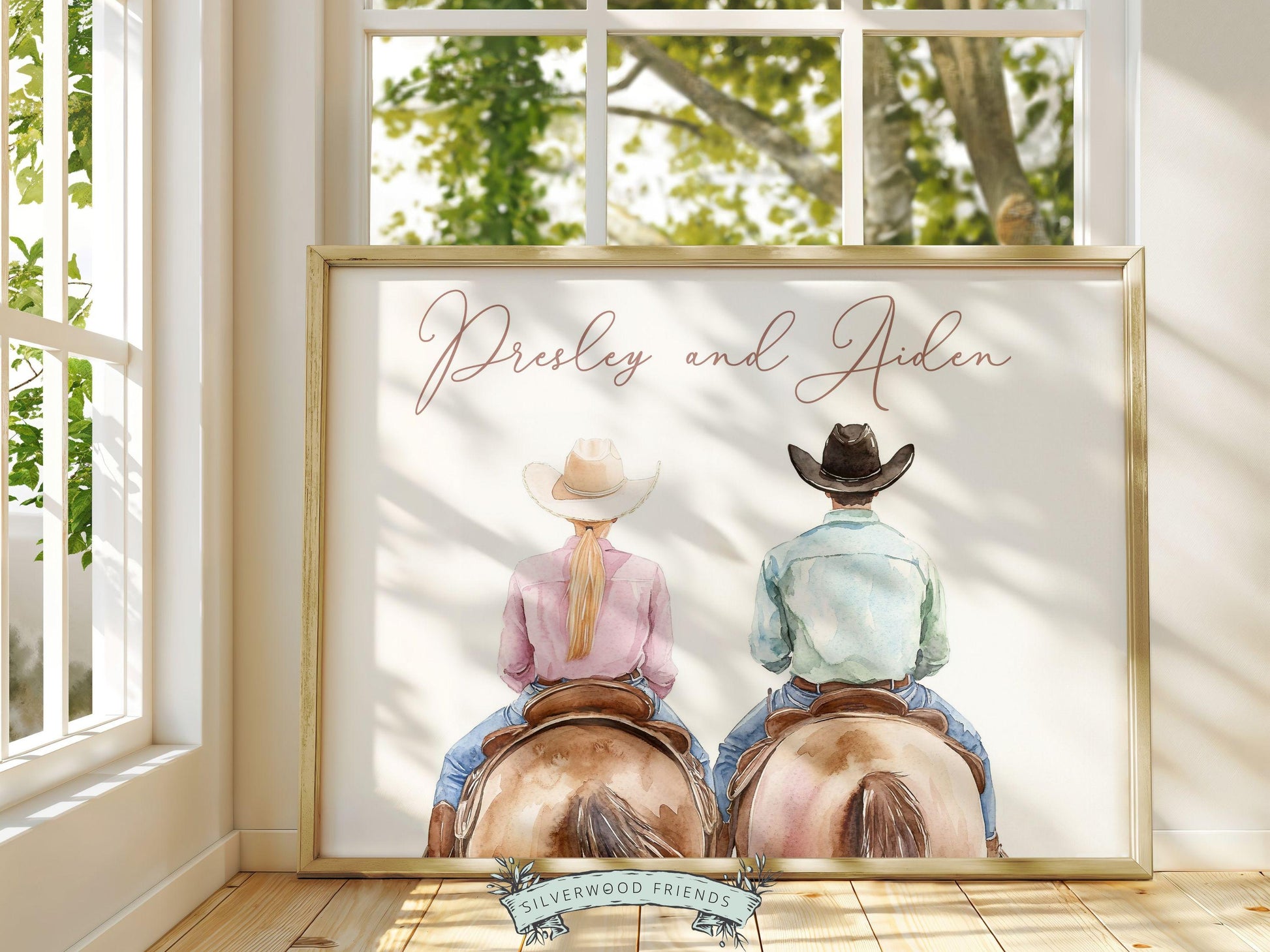 Couple Horse Portrait Print, Trendy Western Decor, Horse Riding Cowgirl College Dorm Room Wall Decor, Western Wedding Gift Digital Print