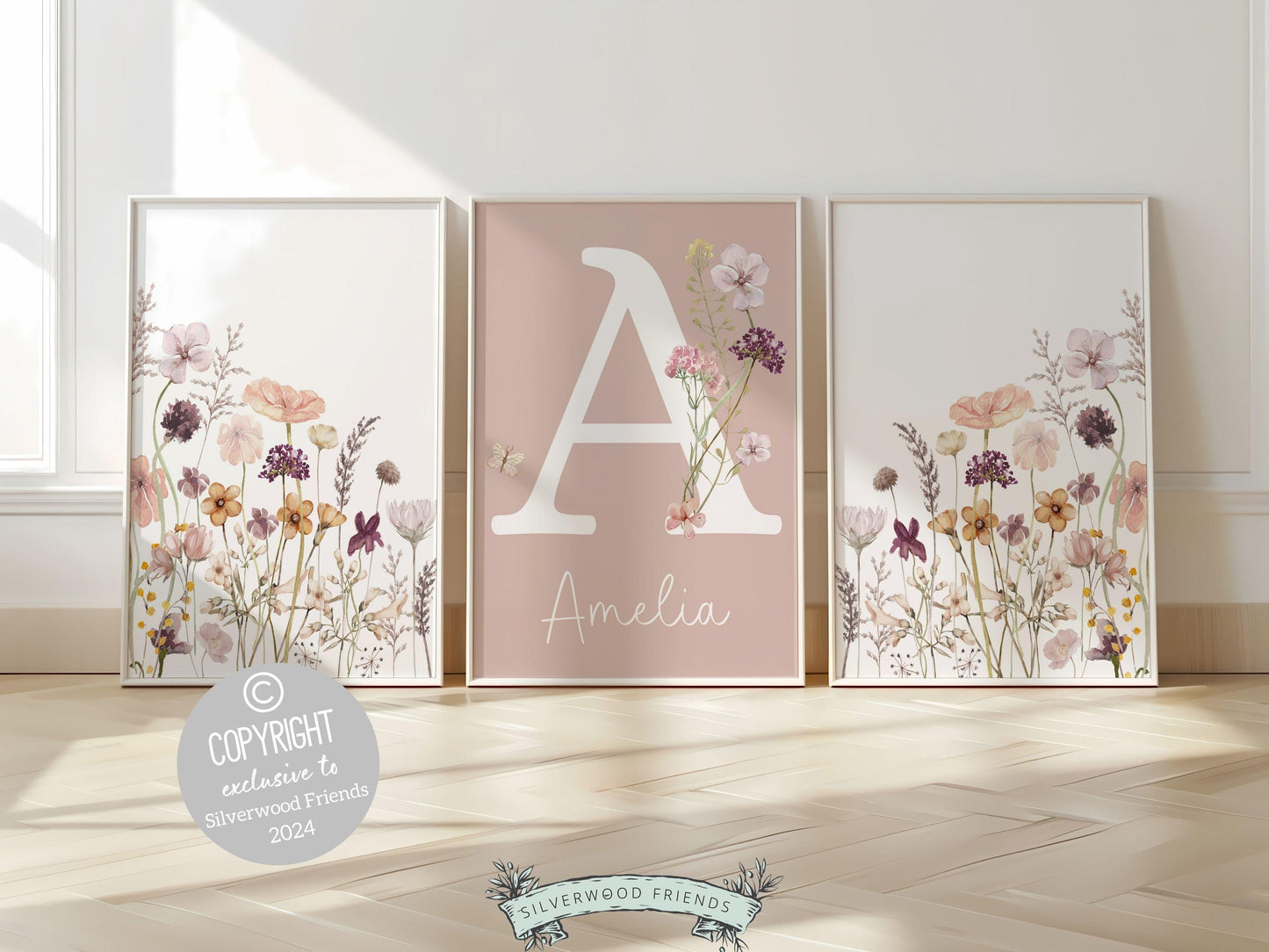 Wildflower Nursery Prints, Floral Nursery Wall Art, Pink Purple Green Wildflower Nursery Decor Baby Girl Wildflower Nursery Digital Print