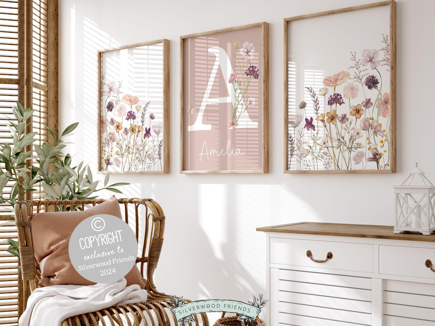 Wildflower Nursery Prints, Floral Nursery Wall Art, Pink Purple Green Wildflower Nursery Decor Baby Girl Wildflower Nursery Digital Print
