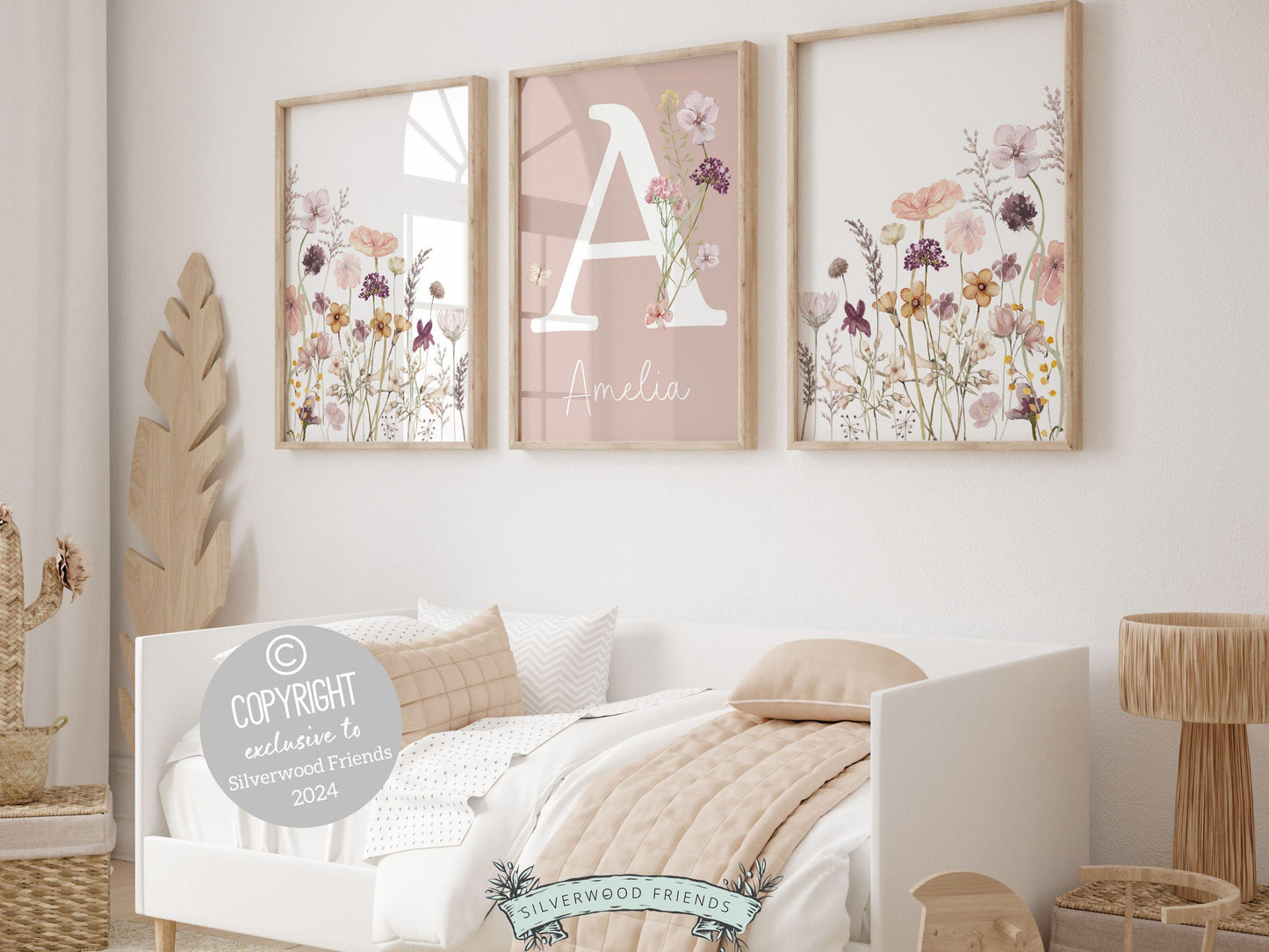Custom wildflower nursery name prints with watercolor pink and purple wildflowers are part of our BEST SELLING wildflower collection, and are perfect as a custom nursery print set for your new baby or as a unique baby shower gift that will be adored.