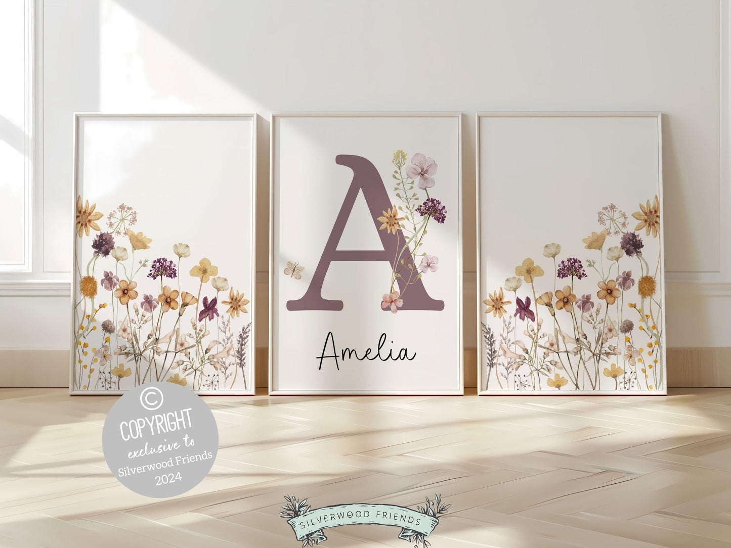 Wildflower Nursery Prints, Floral Boho Nursery Wall Art, Purple Yellow Boho Wildflower Nursery Decor, Girls Wildflower Nursery Digital Print