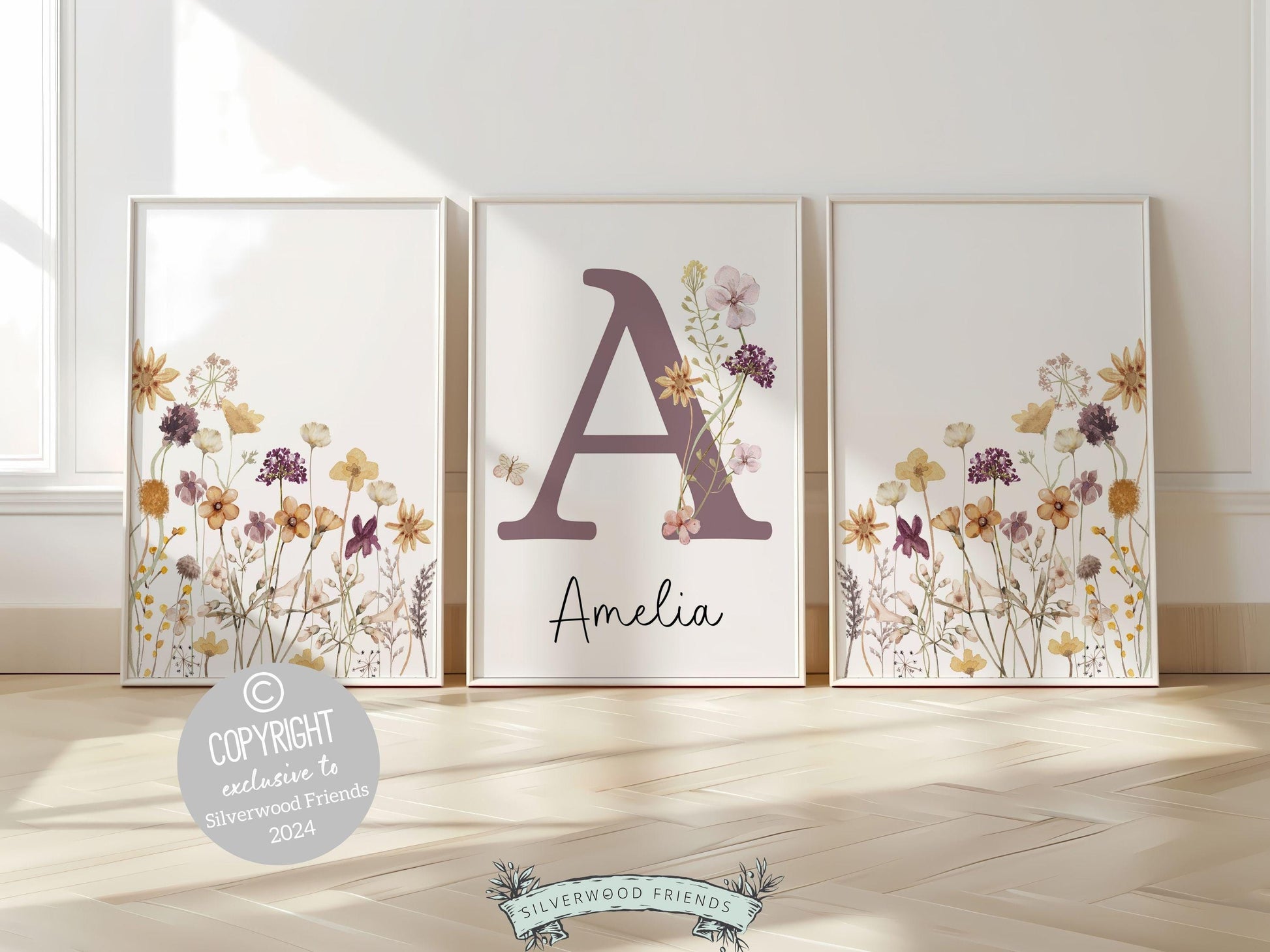 Wildflower Nursery Prints, Floral Boho Nursery Wall Art, Purple Yellow Boho Wildflower Nursery Decor, Girls Wildflower Nursery Digital Print