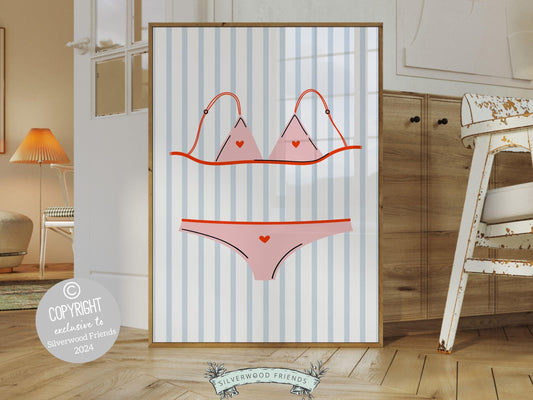 Pink Bikini Print, featuring a cute pink bikini and adorable blue and white stripes. This trendy poster is perfect for a dorm room or as a fun gift for best friends or girlfriends who embrace the beachy coconut girl aesthetic.