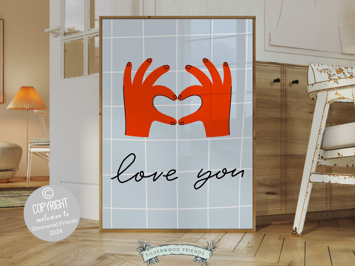 Our Love You Hand Sign Print is perfect for a dorm room or as a fun gift for best friends or girlfriends who embrace the minimalist preppy girl aesthetic. This chic and stylish artwork adds a touch of love to any space.