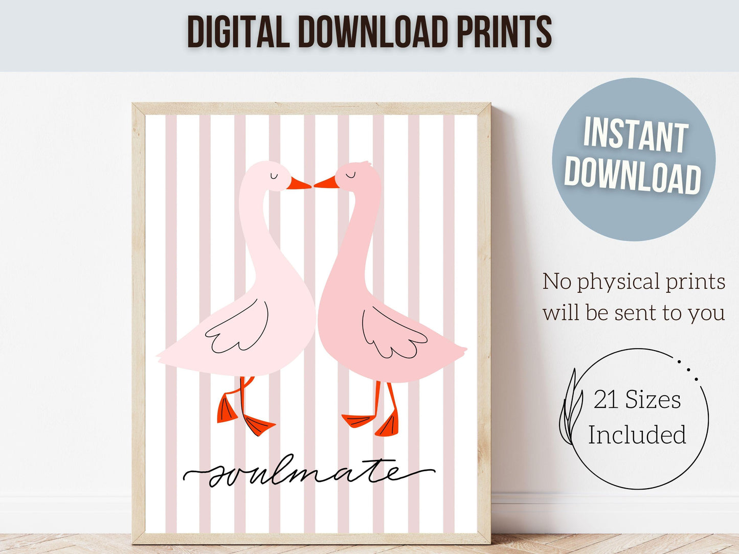 Soulmate Print, Romantic Duck Wall Art, Girlfriend Valentines Day Gift, Trendy College Dorm Room Wall Decor Preppy Teen Poster Digital Print
