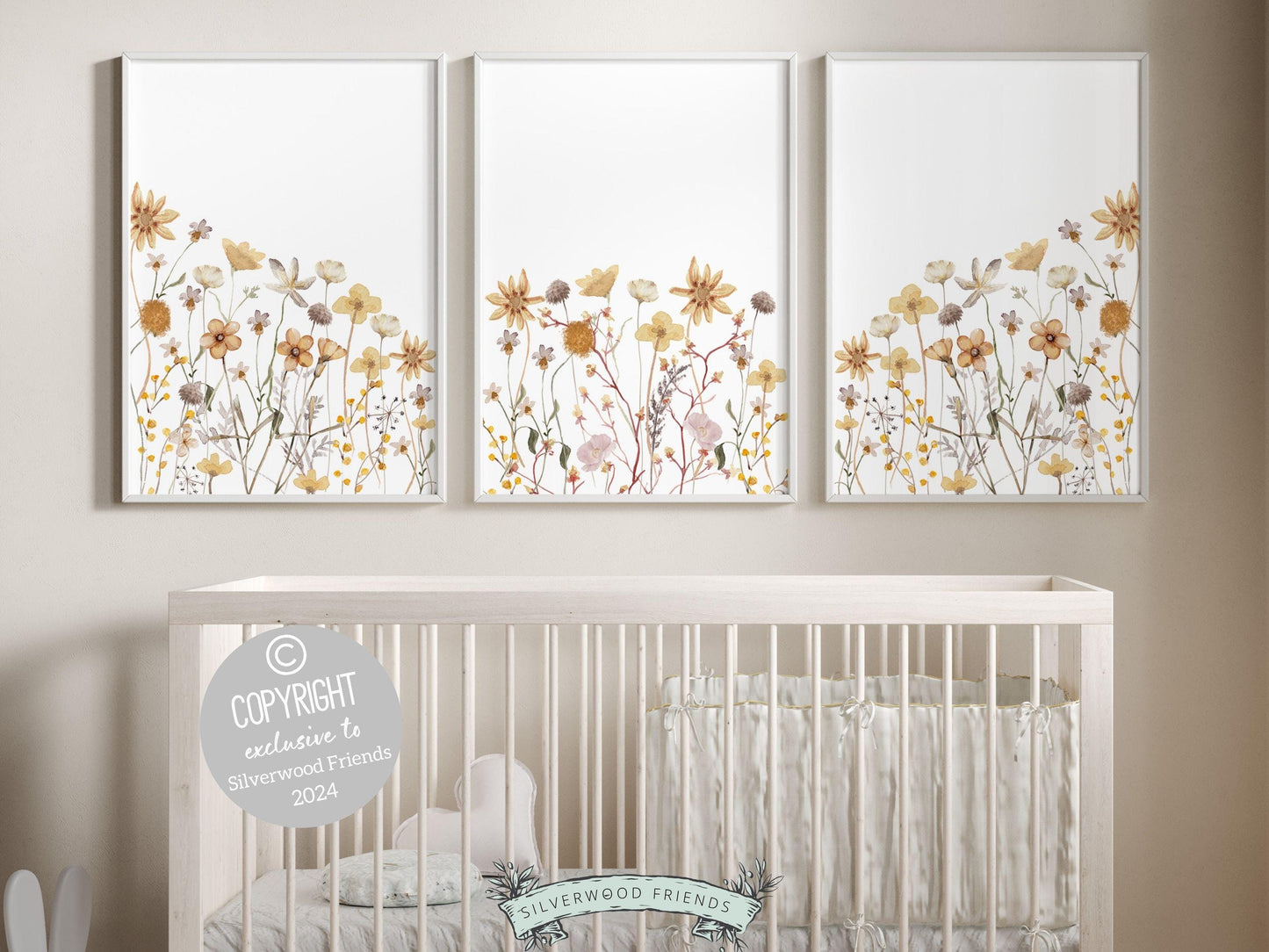 Our gorgeous Wildflower Nursery Prints with boho yellow watercolor wildflower meadow flowers is perfect for your wildflower nursery decor or boho nursery and also makes a unique baby shower gift that will be adored.