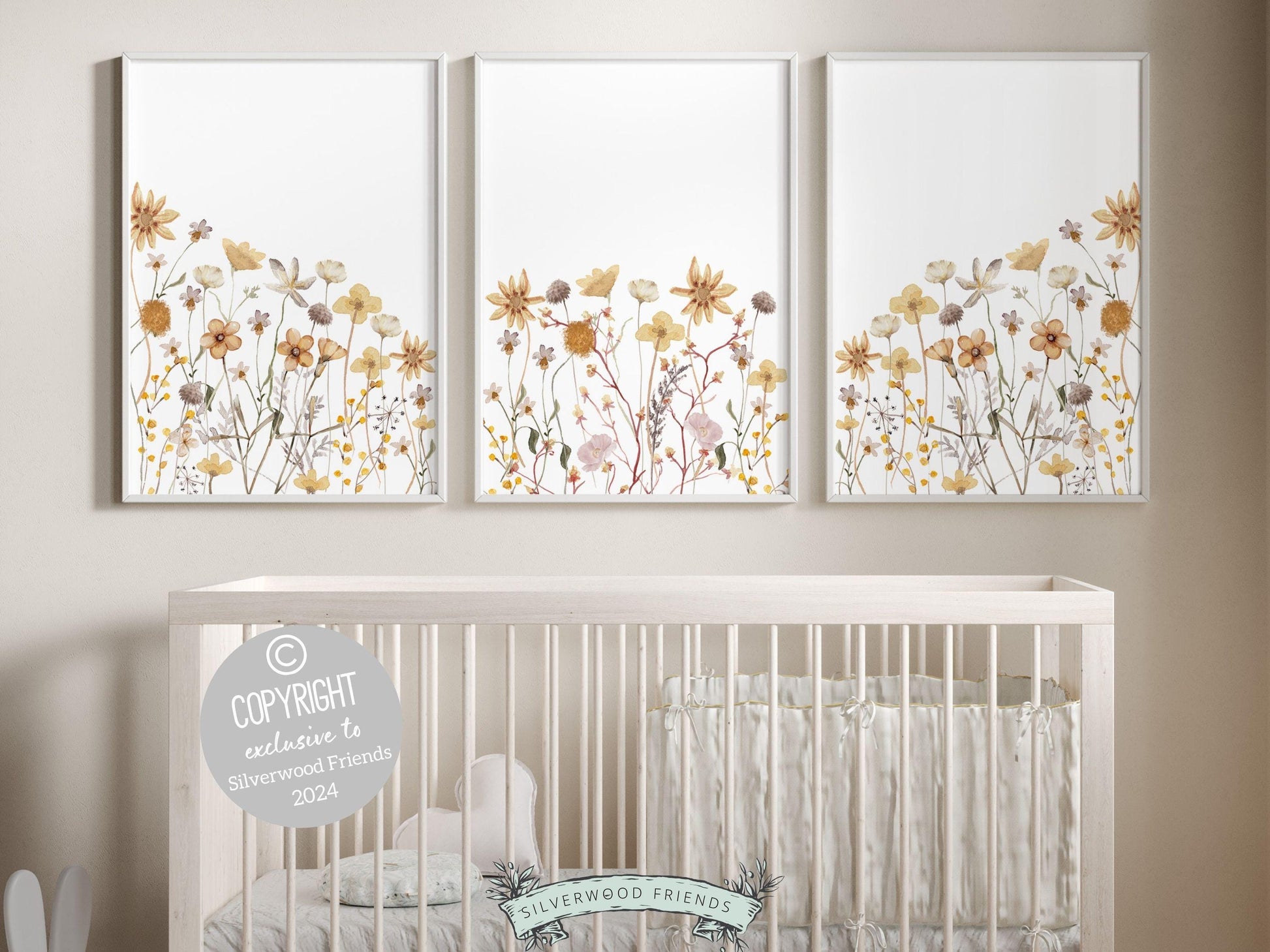 Our gorgeous Wildflower Nursery Prints with boho yellow watercolor wildflower meadow flowers is perfect for your wildflower nursery decor or boho nursery and also makes a unique baby shower gift that will be adored.