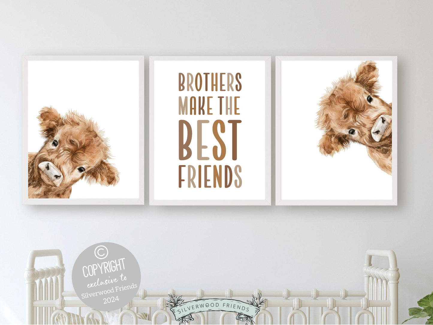 Peeking Highland Cow Nursery Print, Highland Cow Nursery Decor, Boys Room Farm Bedroom Wall Decor, Twin Brothers Bedroom Decor Digital Print
