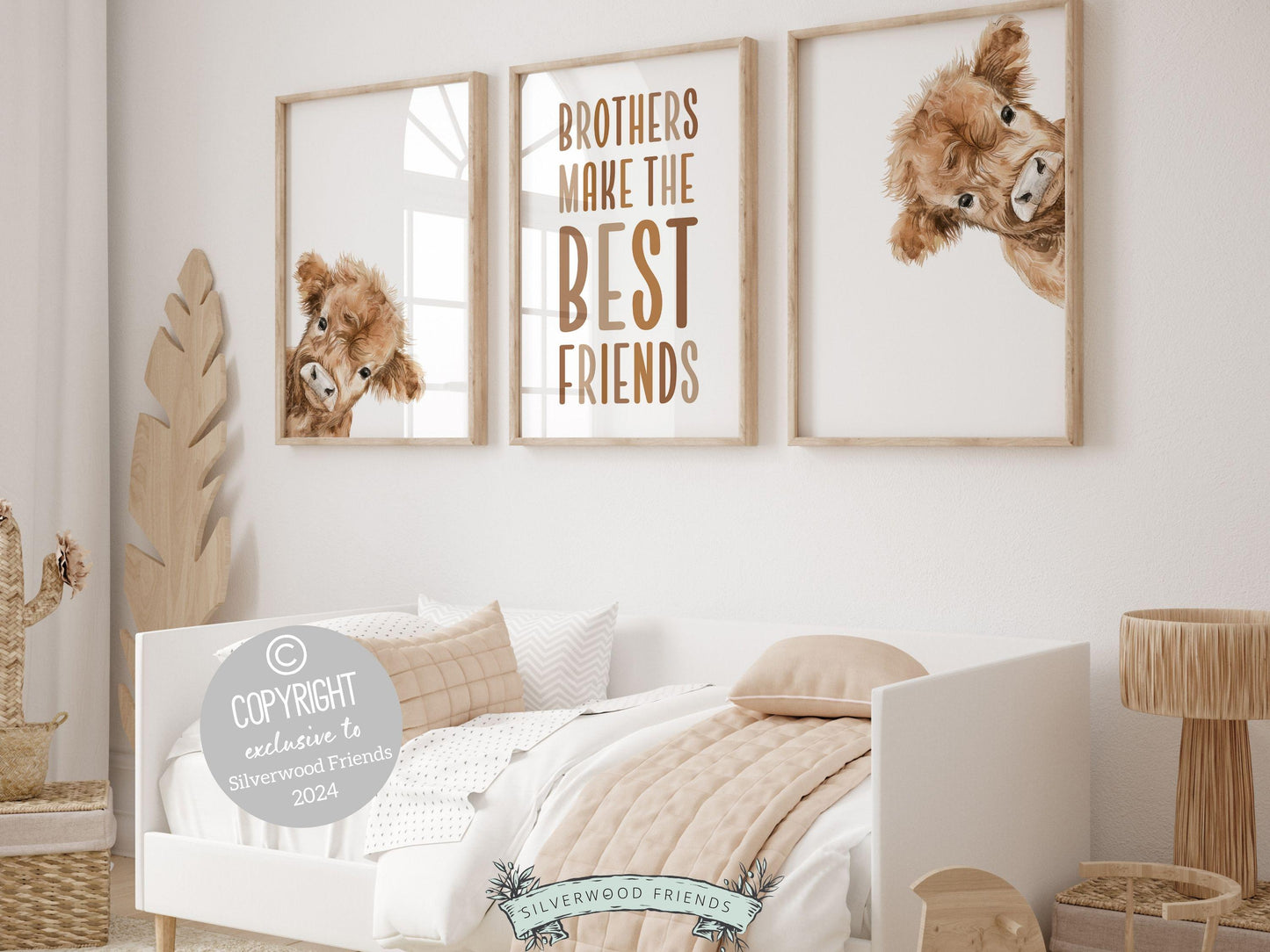 Our Peeking Highland Cow Nursery Prints features adorable watercolor peeking baby highland cows with quote Brothers make the best friends and is perfect for your farm nursery decor or as a unique farm baby shower gift.