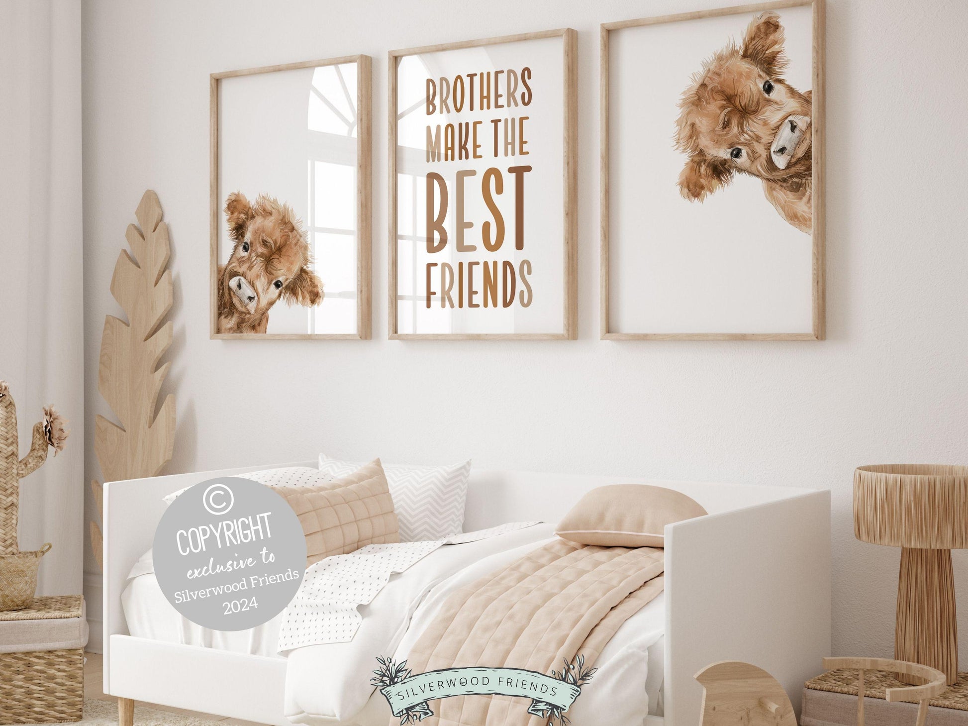 Our Peeking Highland Cow Nursery Prints features adorable watercolor peeking baby highland cows with quote Brothers make the best friends and is perfect for your farm nursery decor or as a unique farm baby shower gift.