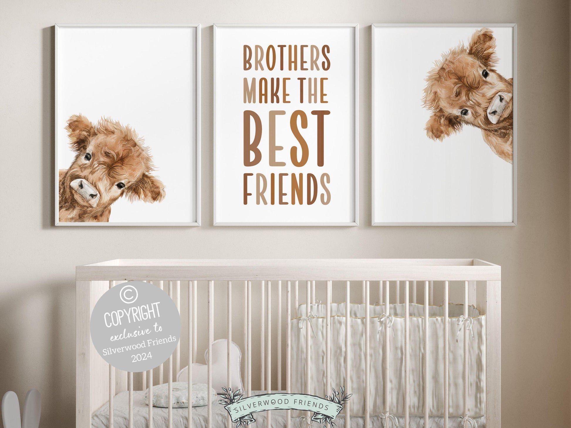 Peeking Highland Cow Nursery Print, Highland Cow Nursery Decor, Boys Room Farm Bedroom Wall Decor, Twin Brothers Bedroom Decor Digital Print