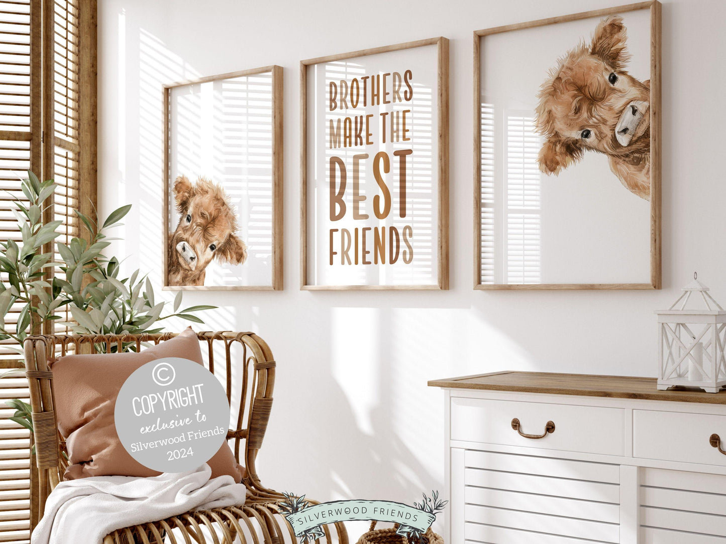 Peeking Highland Cow Nursery Print, Highland Cow Nursery Decor, Boys Room Farm Bedroom Wall Decor, Twin Brothers Bedroom Decor Digital Print