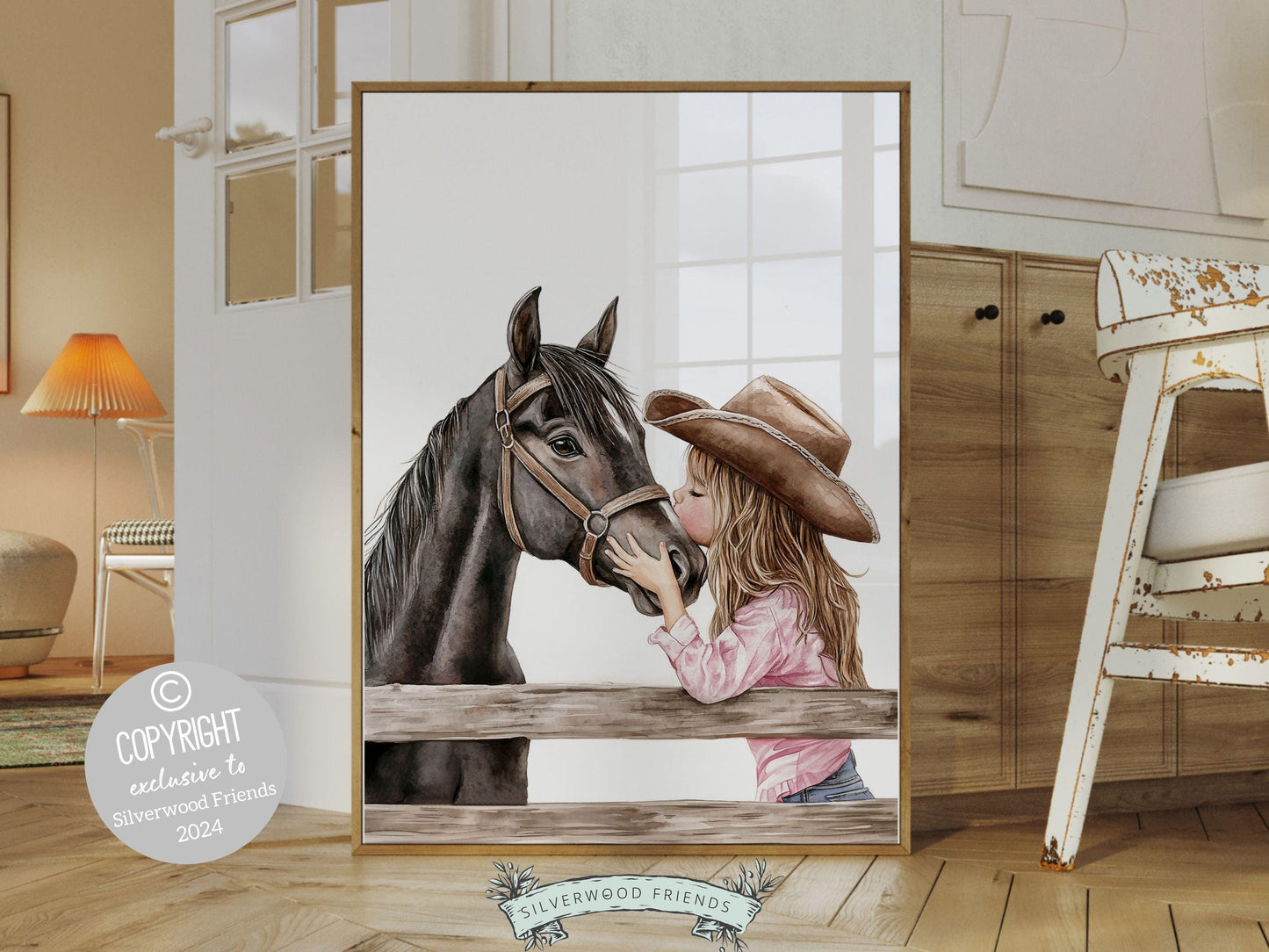 Watercolor print, depicting a cowgirl kissing her black horse atop a paddock fence. Perfect for cowgirl themed decor or as a heartfelt baby shower gift for horse riding enthusiasts.