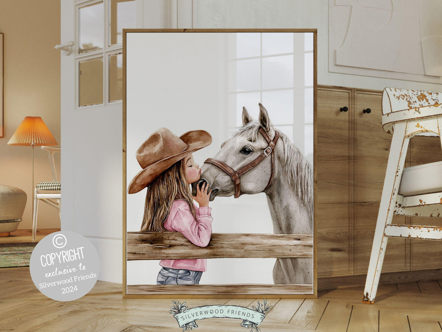 Watercolor print, depicting a cowgirl kissing her grey horse atop a paddock fence. Perfect for cowgirl themed decor or as a heartfelt baby shower gift for horse riding enthusiasts.