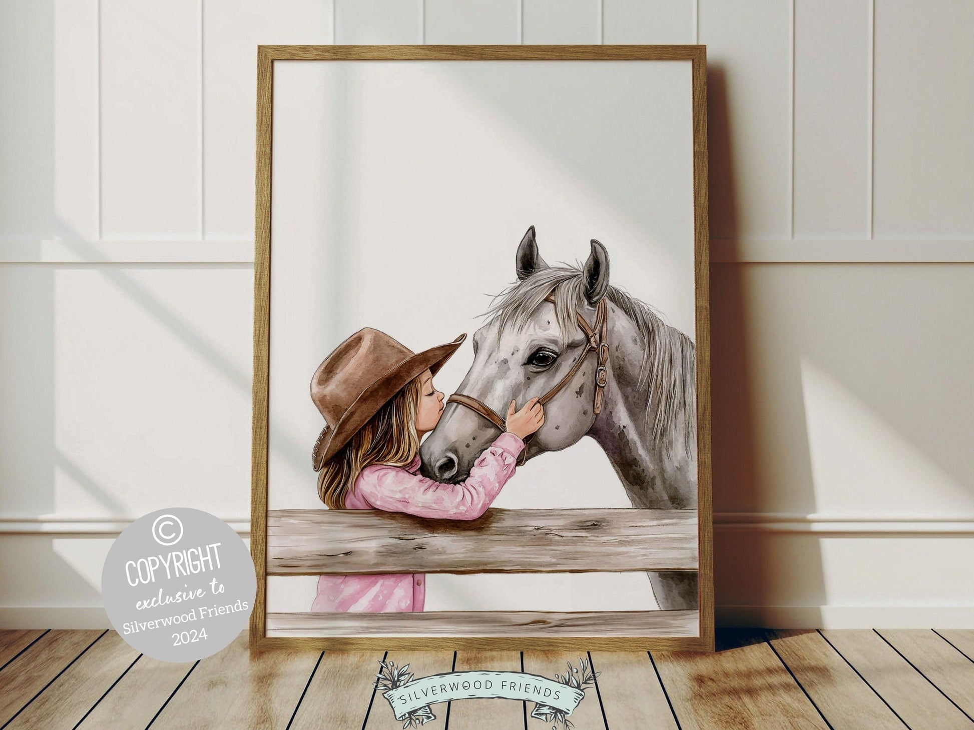 Watercolor print, depicting a cowgirl kissing her grey horse atop a paddock fence. Perfect for cowgirl themed decor or as a heartfelt baby shower gift for horse riding enthusiasts.
