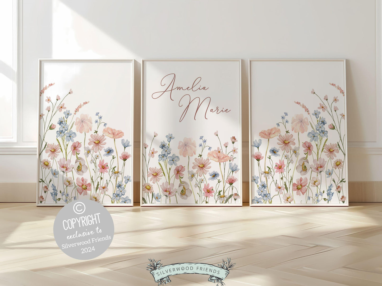 Wildflower Nursery Wall Art, Pink Blue Wildflower Nursery Decor, Baby Girl Floral Wildflower Nursery Prints, Wild Flower Field Digital Print