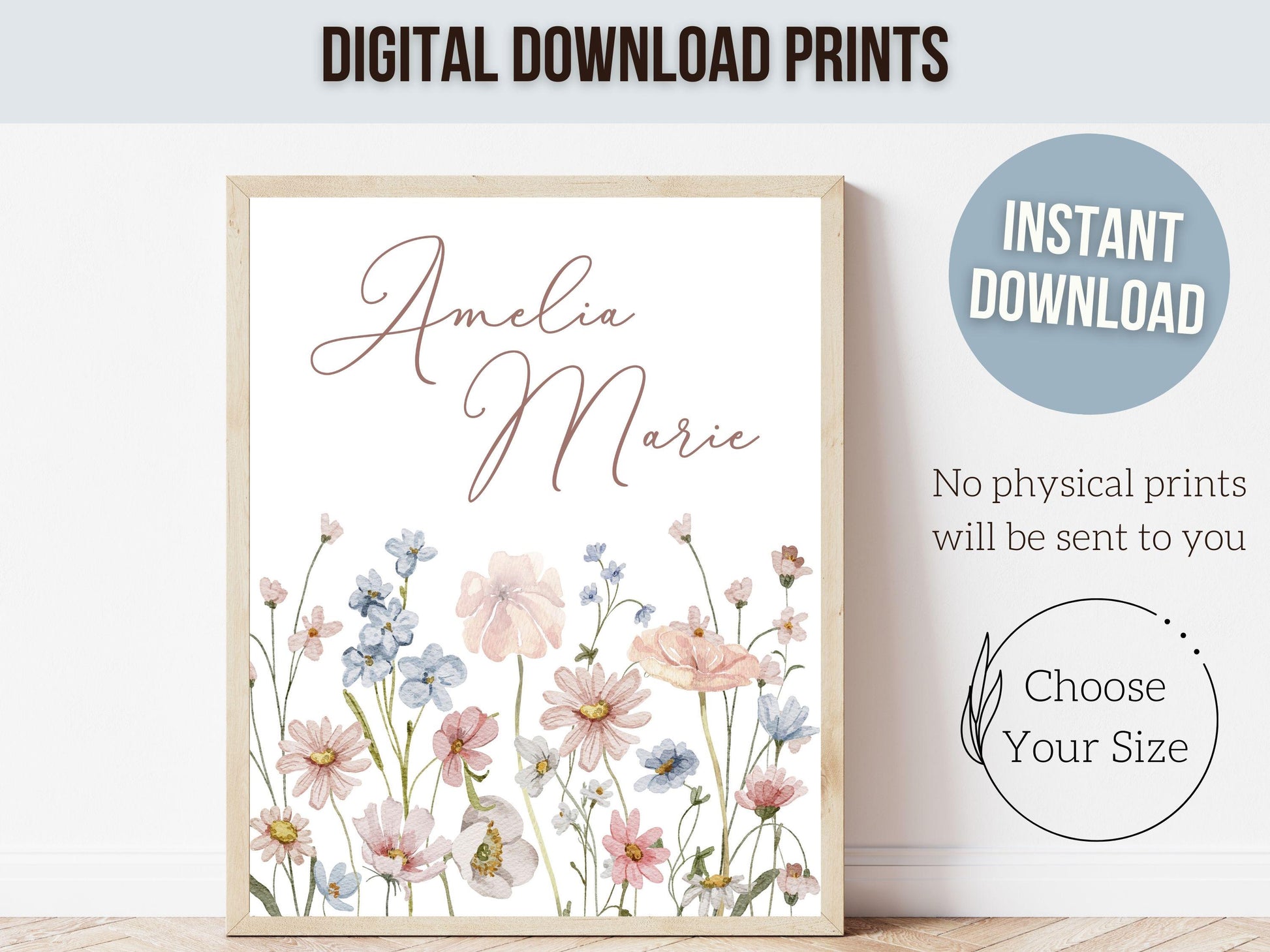 Wildflower Nursery Wall Art, Pink Blue Wildflower Nursery Decor, Baby Girl Floral Wildflower Nursery Prints, Wild Flower Field Digital Print