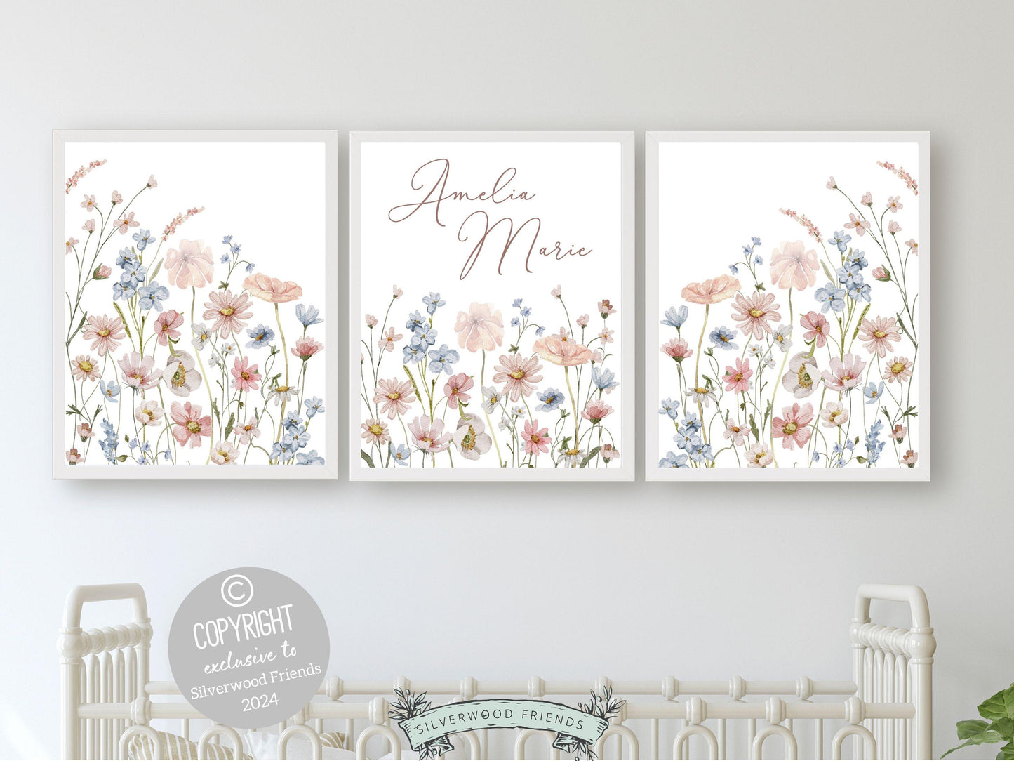 Wildflower Nursery Wall Art, Pink Blue Wildflower Nursery Decor, Baby Girl Floral Wildflower Nursery Prints, Wild Flower Field Digital Print