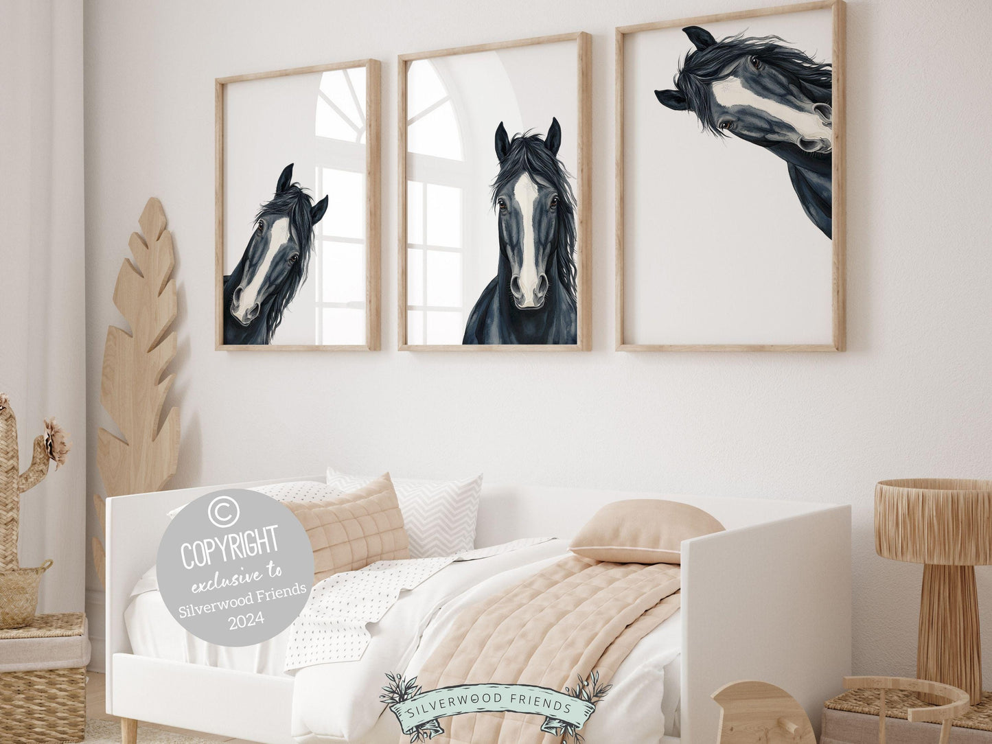 Peeking Horse Nursery Prints features adorable black peeking horses set on a white background and is perfect for your western nursery decor or as a unique farm baby shower gift.