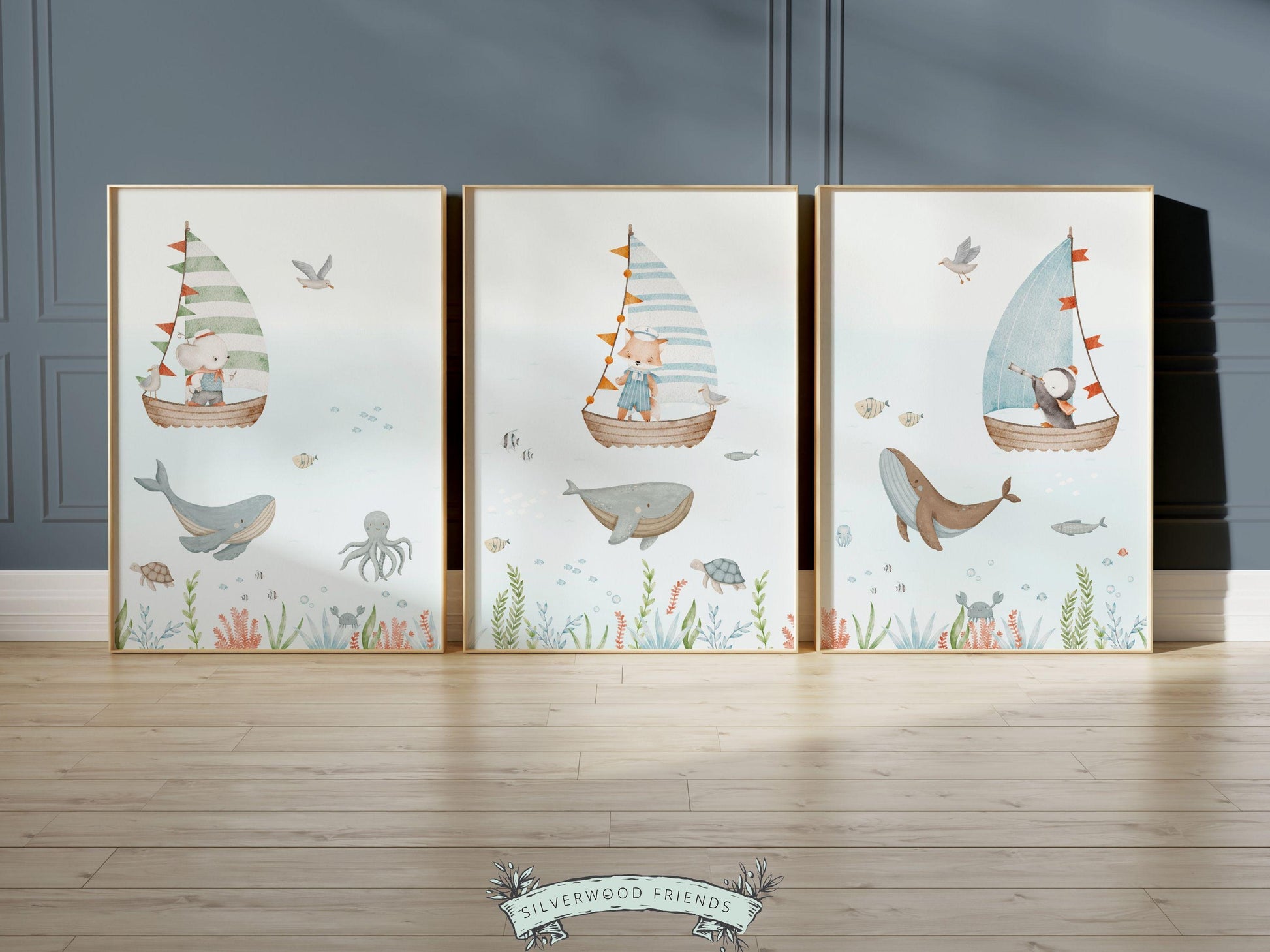 Set of 3 Ocean Nursery Prints, Nautical Ocean Nursery Decor, Whale Print, Baby Boy Ocean Theme Nursery Under The Sea Nursery Digital Prints
