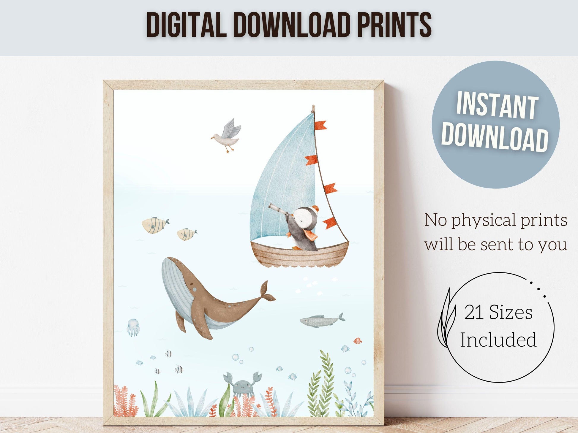Set of 3 Ocean Nursery Prints, Nautical Ocean Nursery Decor, Whale Print, Baby Boy Ocean Theme Nursery Under The Sea Nursery Digital Prints