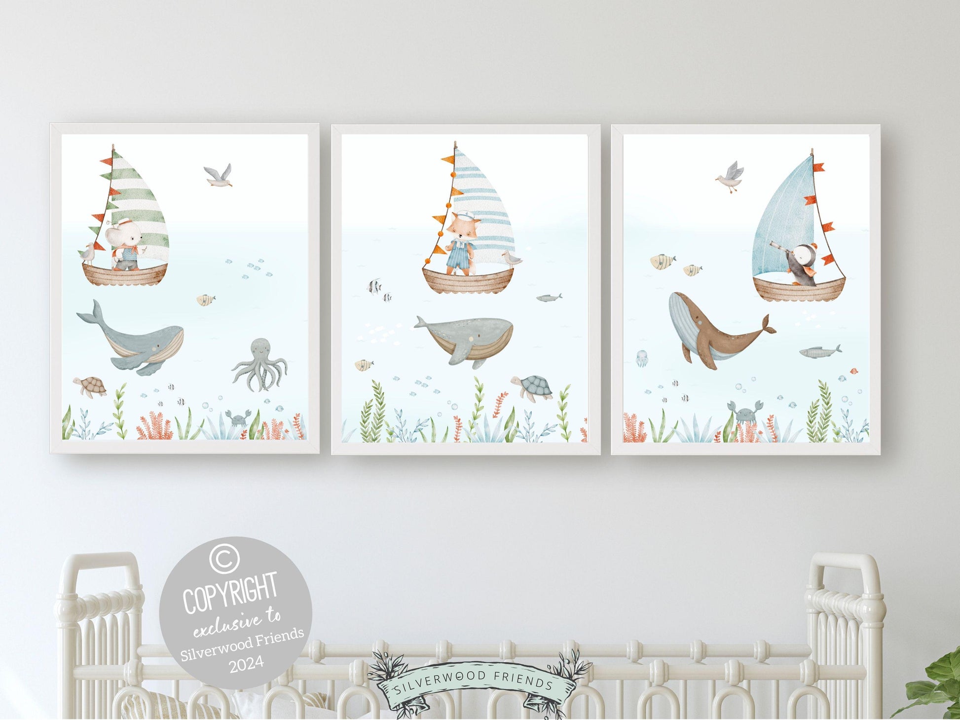 Set of 3 Ocean Nursery Prints, Nautical Ocean Nursery Decor, Whale Print, Baby Boy Ocean Theme Nursery Under The Sea Nursery Digital Prints
