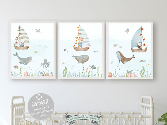 Set of 3 Ocean Nursery Prints, Nautical Ocean Nursery Decor, Whale Print, Baby Boy Ocean Theme Nursery Under The Sea Nursery Digital Prints