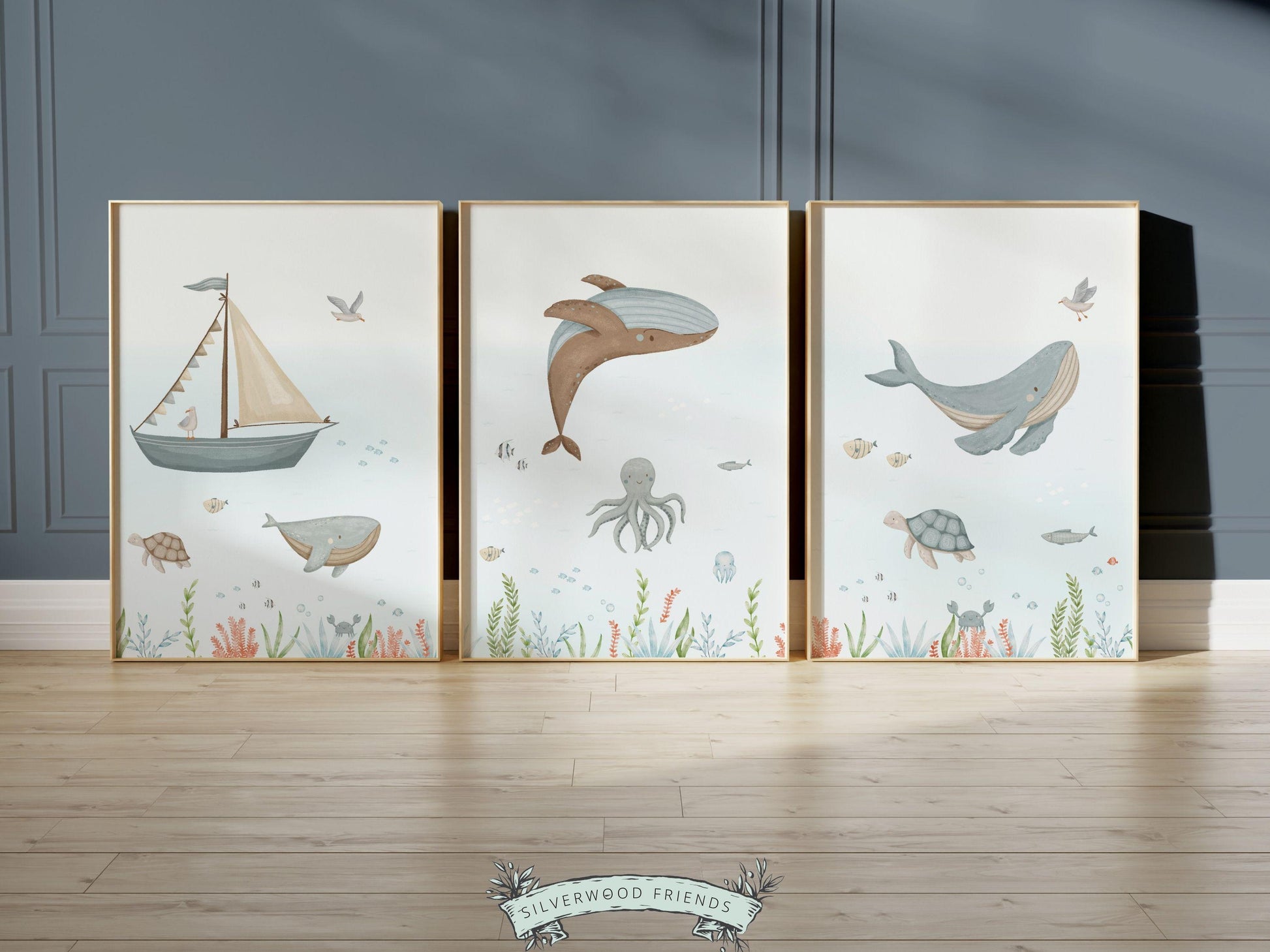 Set of 3 Whale Nursery Prints, Nautical Ocean Nursery Decor, Baby Boy Boat Nursery Wall Art, Kids Room Under The Sea Nursery Digital Print