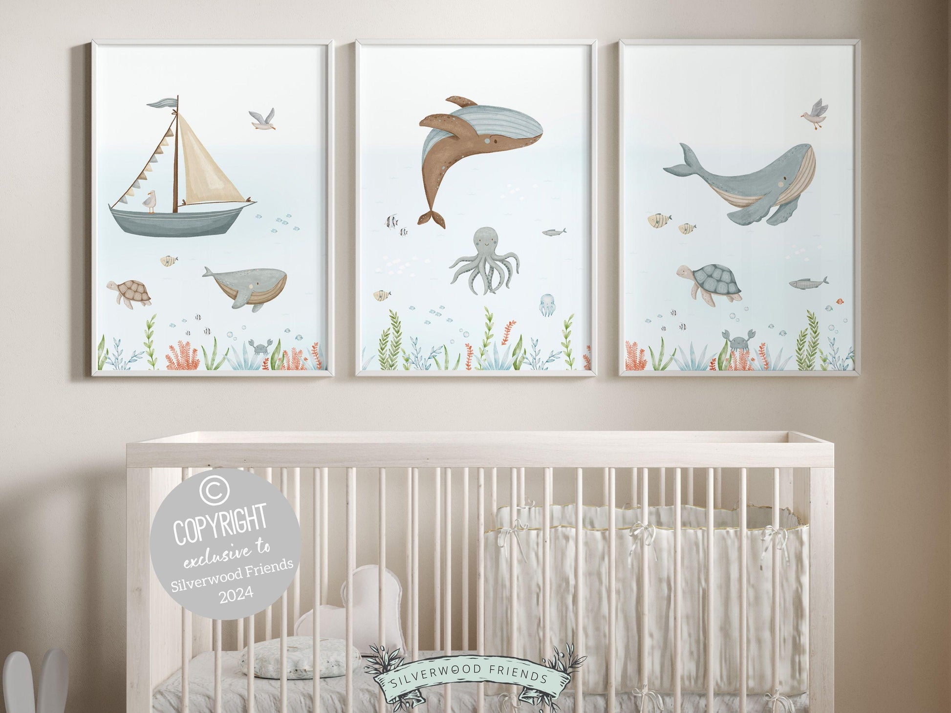 Set of 3 Whale Nursery Prints, Nautical Ocean Nursery Decor, Baby Boy Boat Nursery Wall Art, Kids Room Under The Sea Nursery Digital Print