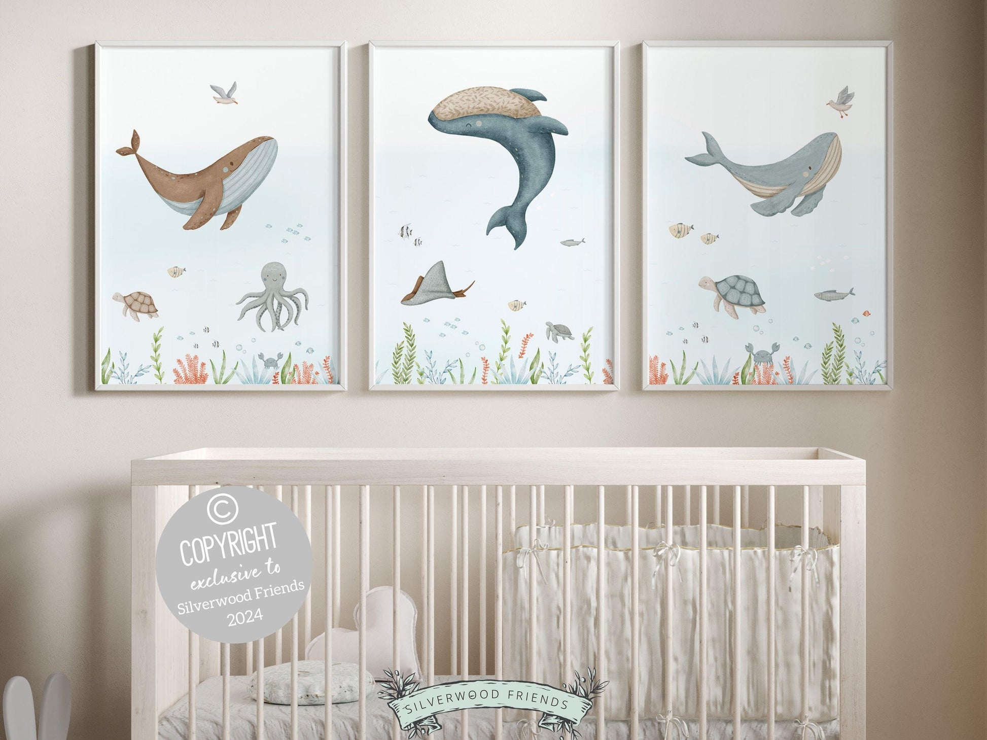 Our Set of 3 Whale Nursery Prints will spark their imagination and is the perfect addition to your nautical nursery decor or ocean theme nursery. Our digital prints also make a unique under the sea baby shower gift that will be treasured!