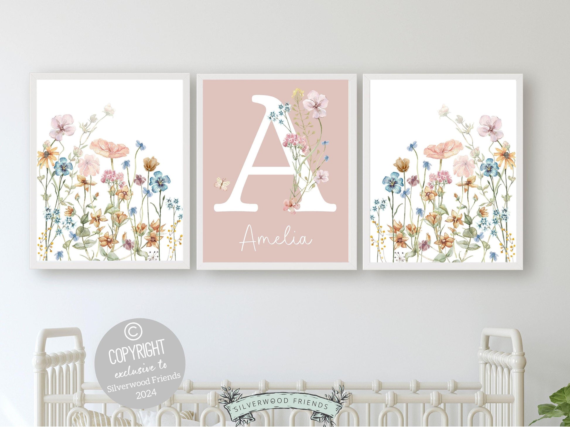 Wildflower Nursery Prints, Baby Girl Floral Name Nursery Wall Art, Wildflower Nursery Decor, Baby Girl Boho Wildflower Nursery Digital Print