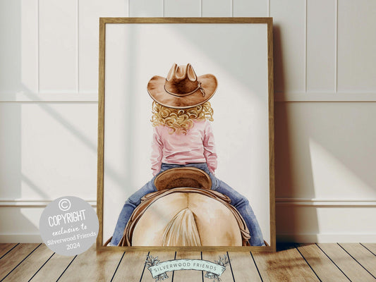 Immerse yourself in the timeless bond between cowgirl and horse with our enchanting digital watercolor print, depicting a cowgirl riding her beloved horse.