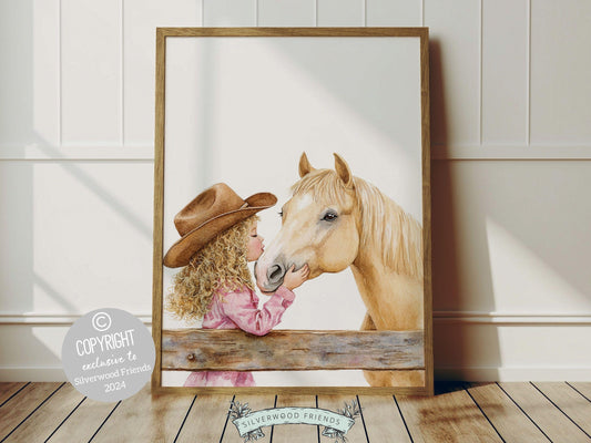 Immerse yourself in the timeless bond between cowgirl and horse with our enchanting digital watercolor print, depicting a cowgirl kissing her beloved horse atop a paddock fence.