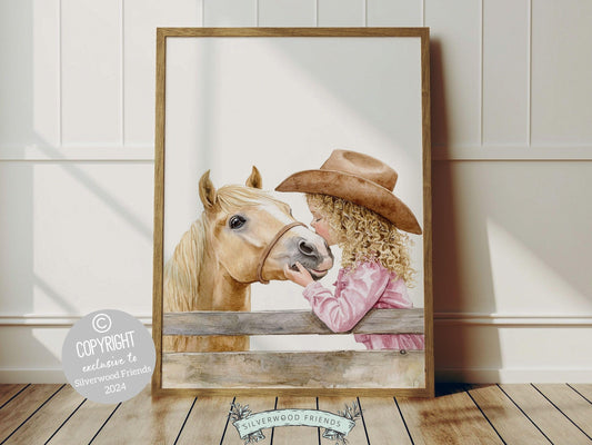 Immerse yourself in the timeless bond between cowgirl and horse with our enchanting digital watercolor print, depicting a cowgirl kissing her beloved horse atop a paddock fence.