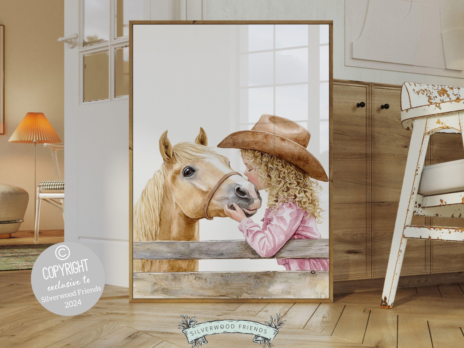Immerse yourself in the timeless bond between cowgirl and horse with our enchanting digital watercolor print, depicting a cowgirl kissing her beloved horse atop a paddock fence.