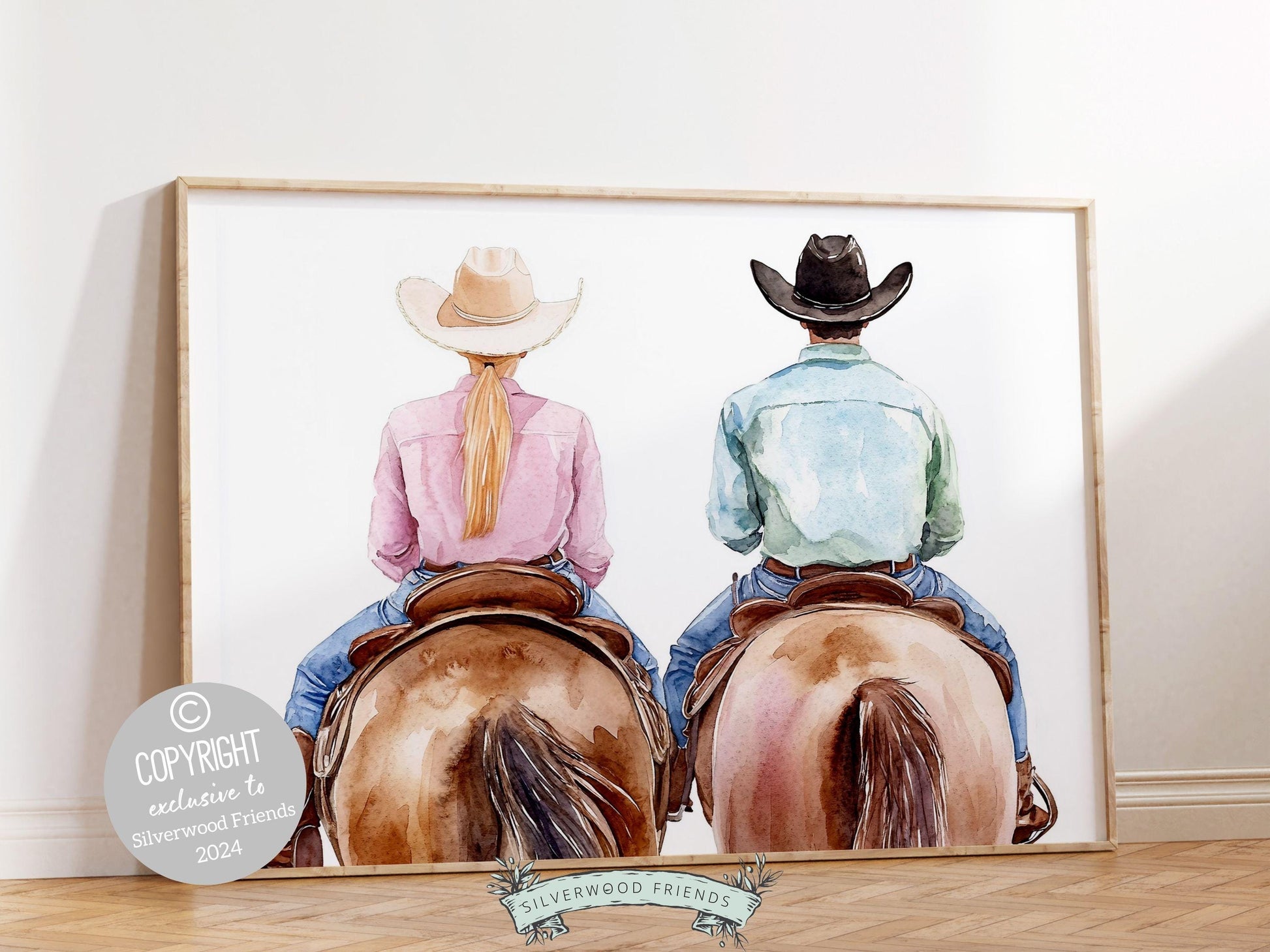 Couple Horse Portrait Print, Trendy Western Decor, Horse Riding Cowgirl College Dorm Room Wall Decor, Gift For Horse Lover Digital Print