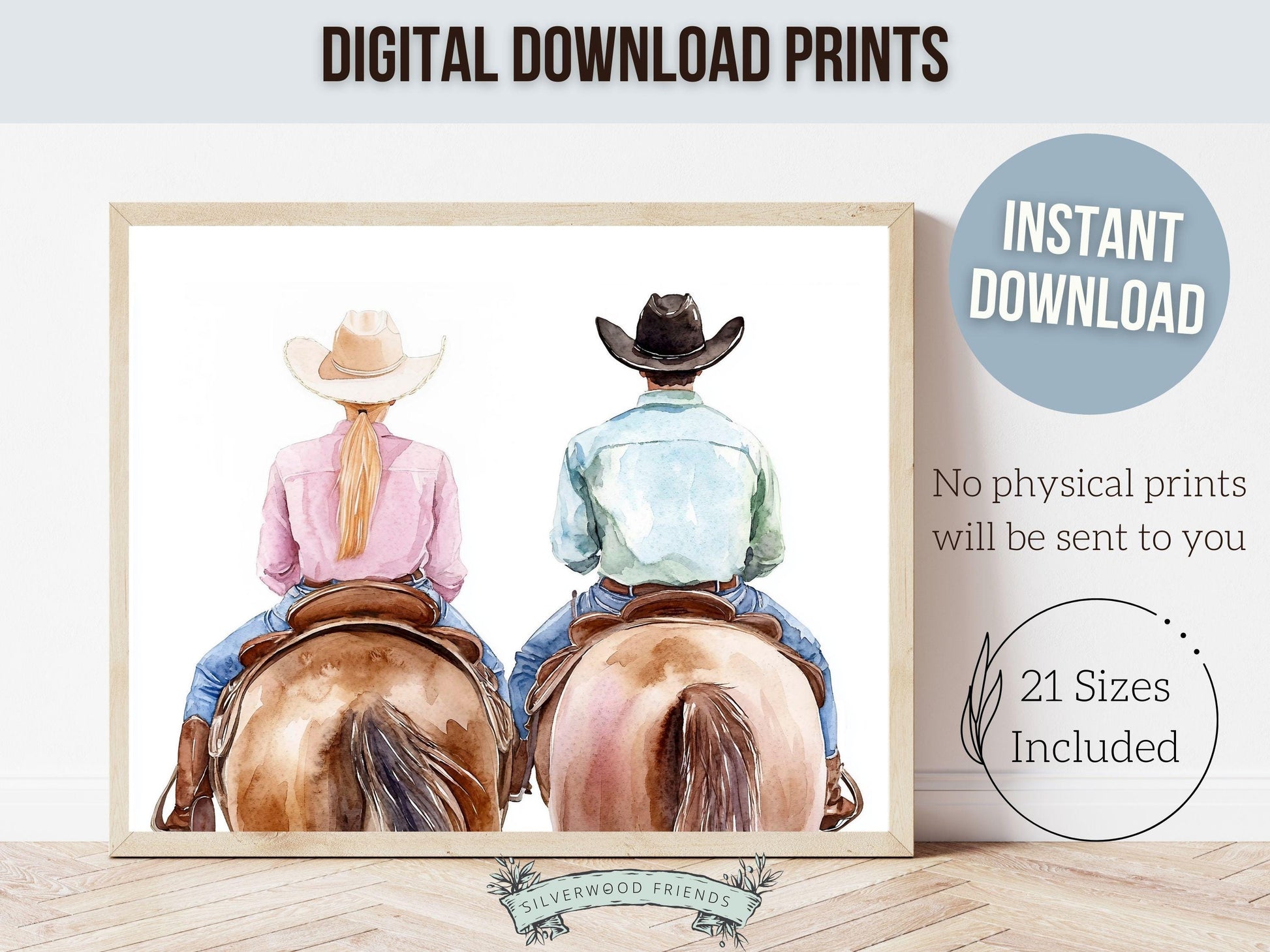 Couple Horse Portrait Print, Trendy Western Decor, Horse Riding Cowgirl College Dorm Room Wall Decor, Gift For Horse Lover Digital Print
