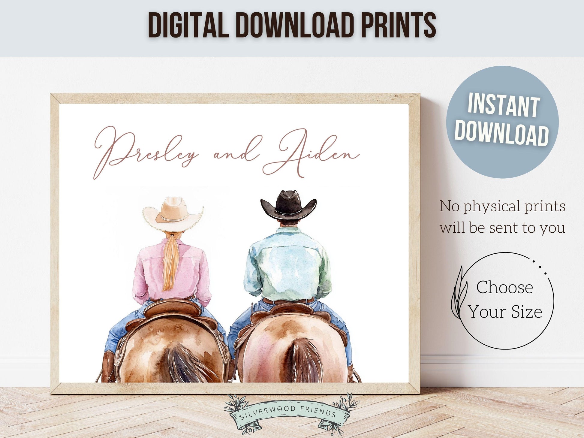 Couple Horse Portrait Print, Trendy Western Decor, Horse Riding Cowgirl College Dorm Room Wall Decor, Western Wedding Gift Digital Print