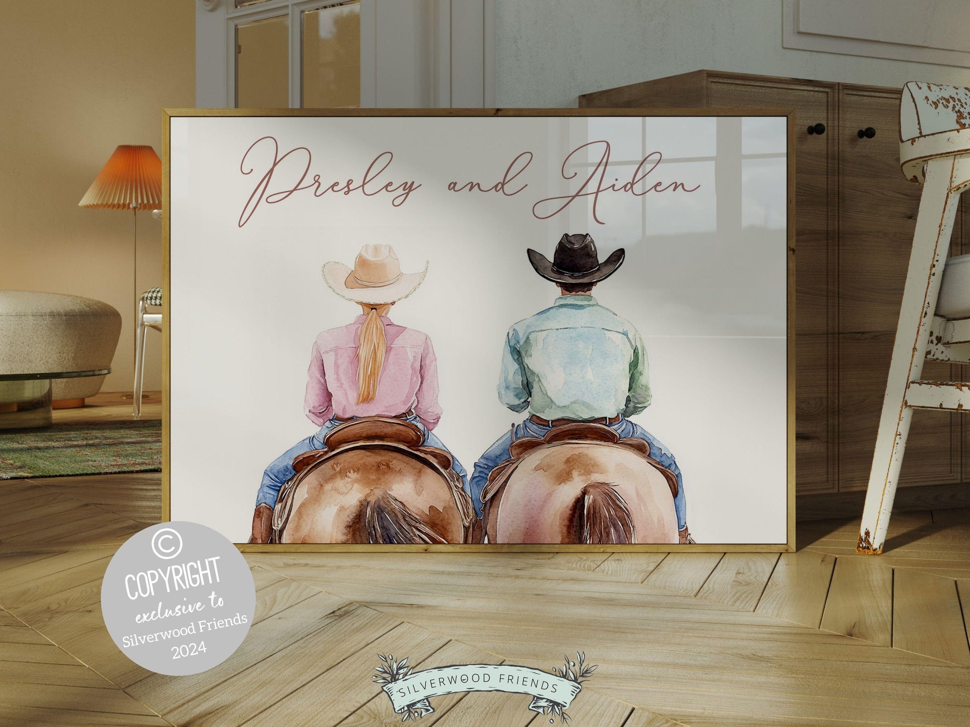 Couple Horse Portrait Print, Trendy Western Decor, Horse Riding Cowgirl College Dorm Room Wall Decor, Western Wedding Gift Digital Print