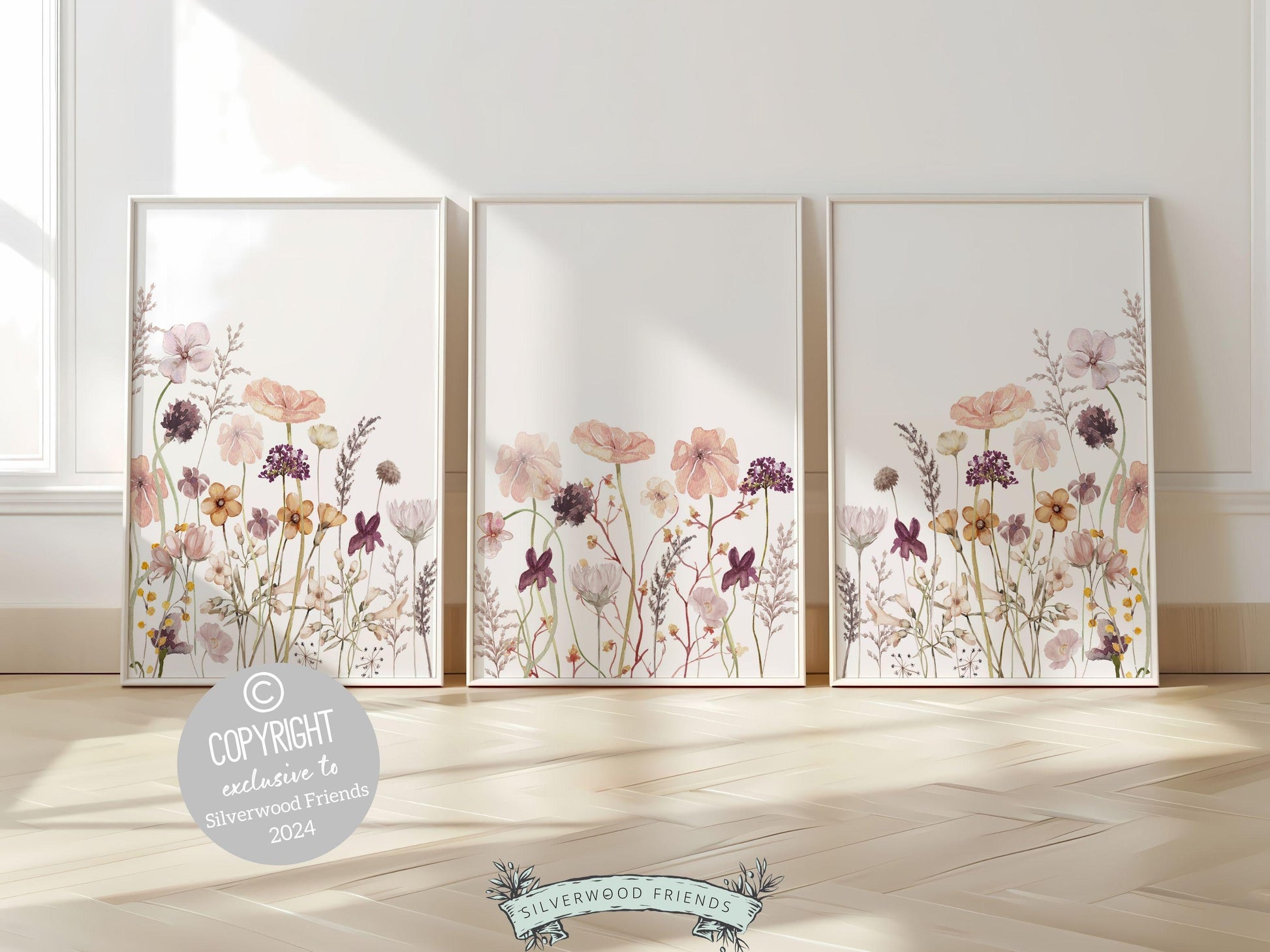 Wildflower Nursery Prints, Baby Girl Floral Boho Nursery Wall Art, Girls Nursery Prints, Pink Purple Wildflower Nursery Decor Digital Prints