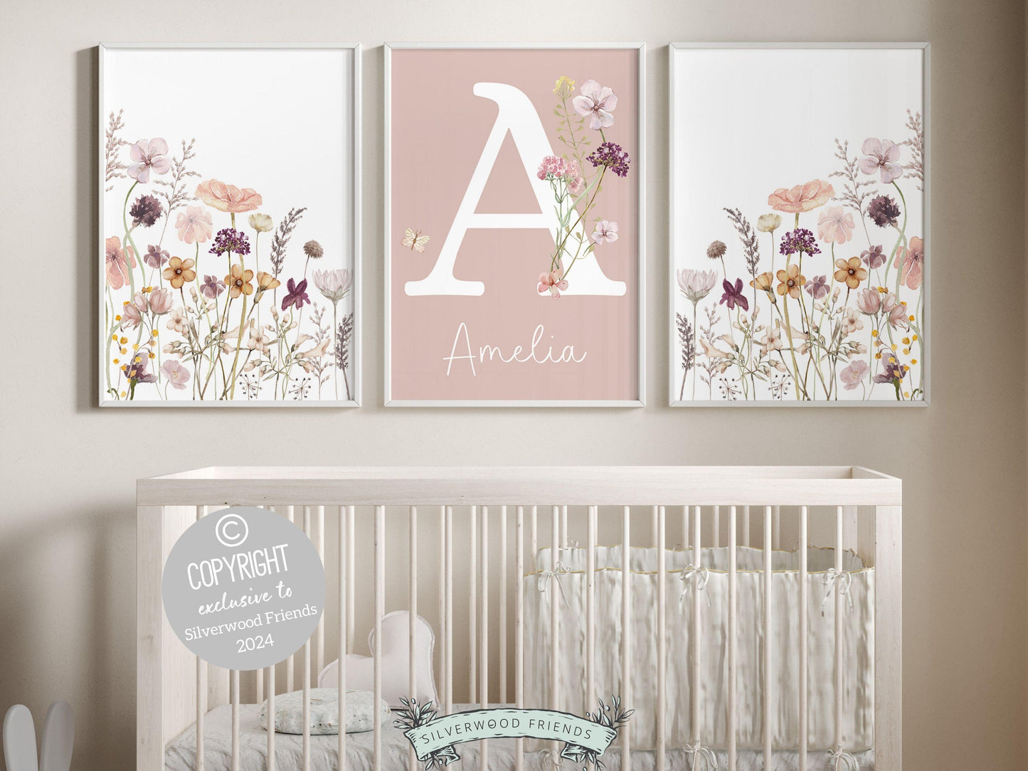 Wildflower Nursery Prints, Floral Nursery Wall Art, Pink Purple Green Wildflower Nursery Decor Baby Girl Wildflower Nursery Digital Print