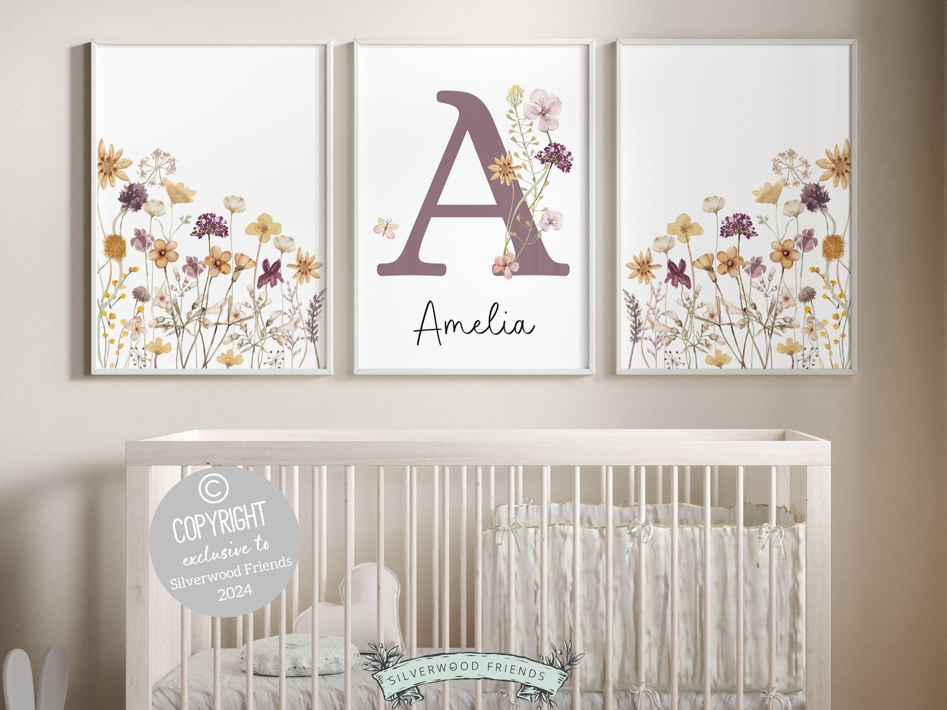 Our gorgeous custom wildflower nursery name prints with watercolor purple and yellow wildflowers and are perfect as a custom nursery print set for your new baby or as a unique baby shower gift that will be adored.