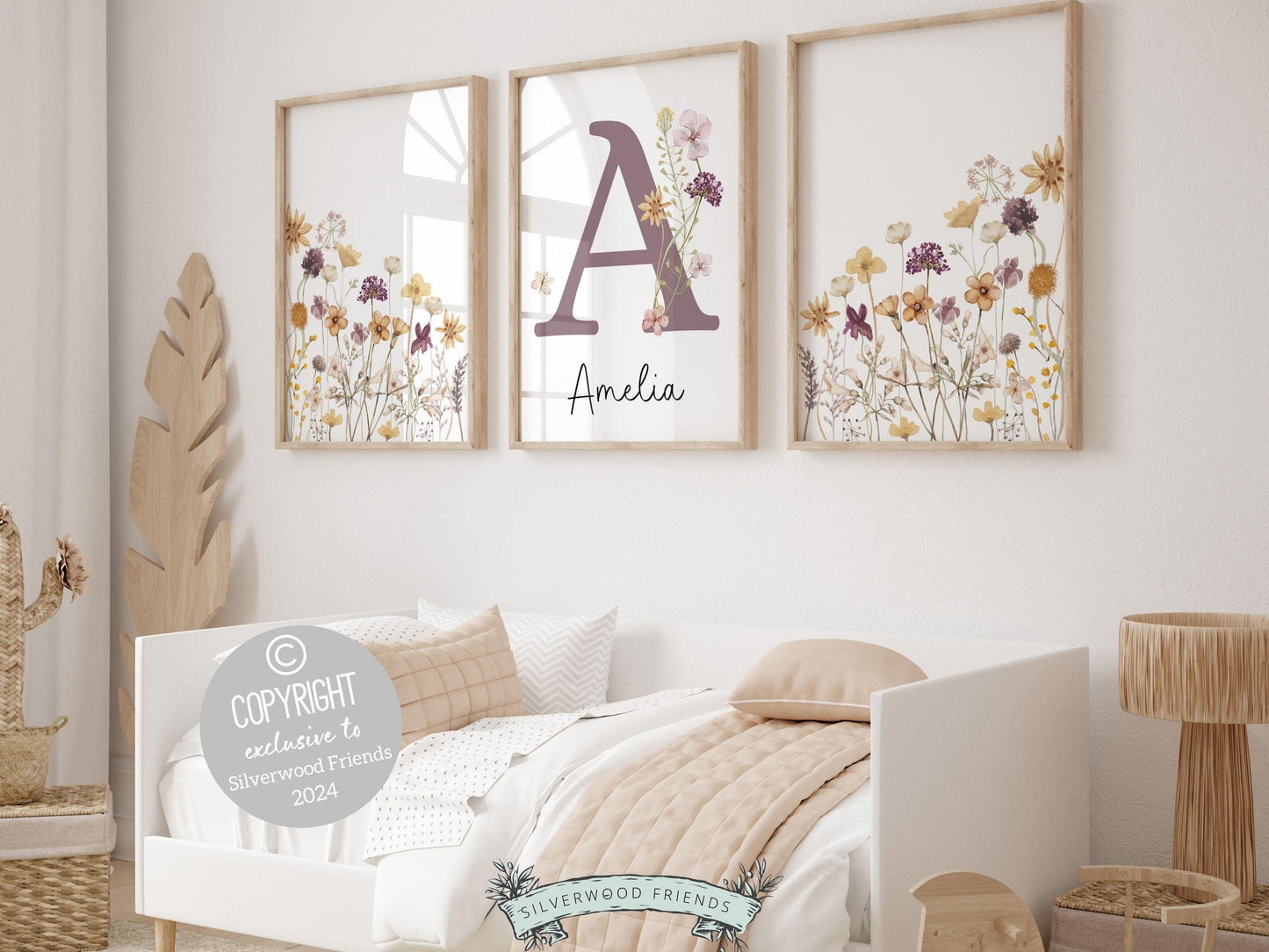 Wildflower Nursery Prints, Floral Boho Nursery Wall Art, Purple Yellow Boho Wildflower Nursery Decor, Girls Wildflower Nursery Digital Print
