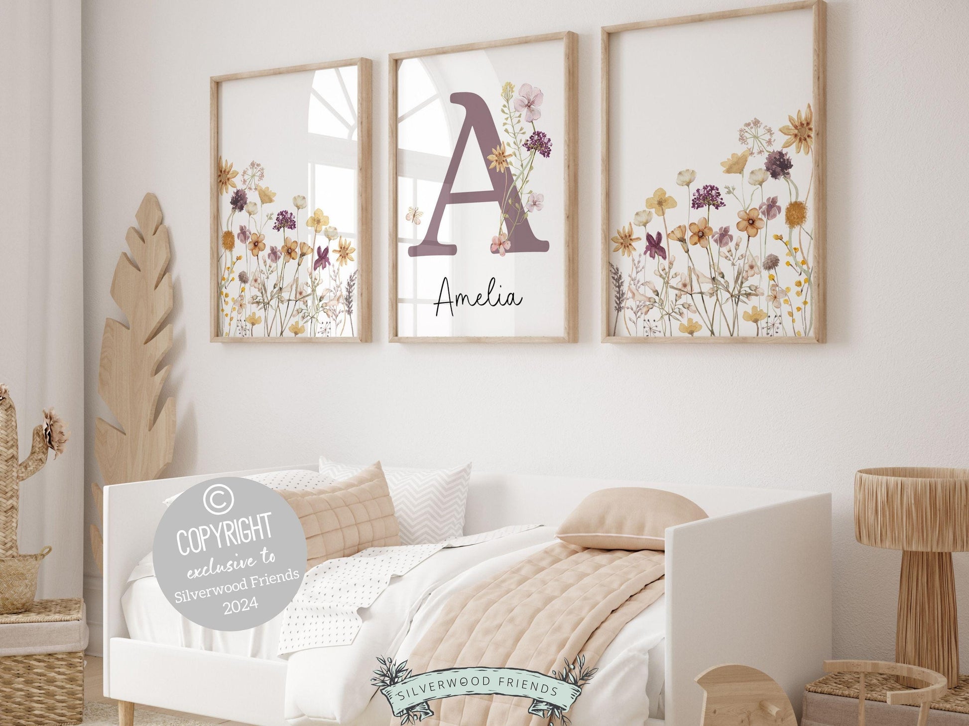 Wildflower Nursery Prints, Floral Boho Nursery Wall Art, Purple Yellow Boho Wildflower Nursery Decor, Girls Wildflower Nursery Digital Print